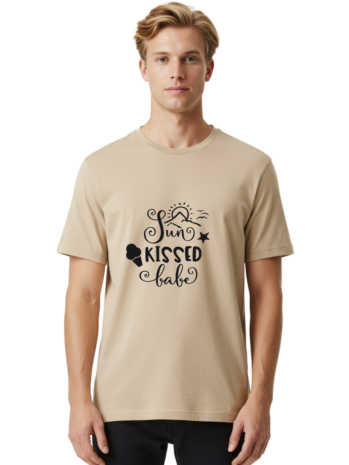 Sun-Kissed-Babe Men'S Graphic Tee, 100% Cotton, Comfortable Casual Summer Wear, Machine Washable, Sun Kissed, Summer Vibes, Ice Cream Design, Whimsical Typography, Star Symbol, Sun Illustration, Babe Quote, Sweet Treats, Sunshine, Aad208
