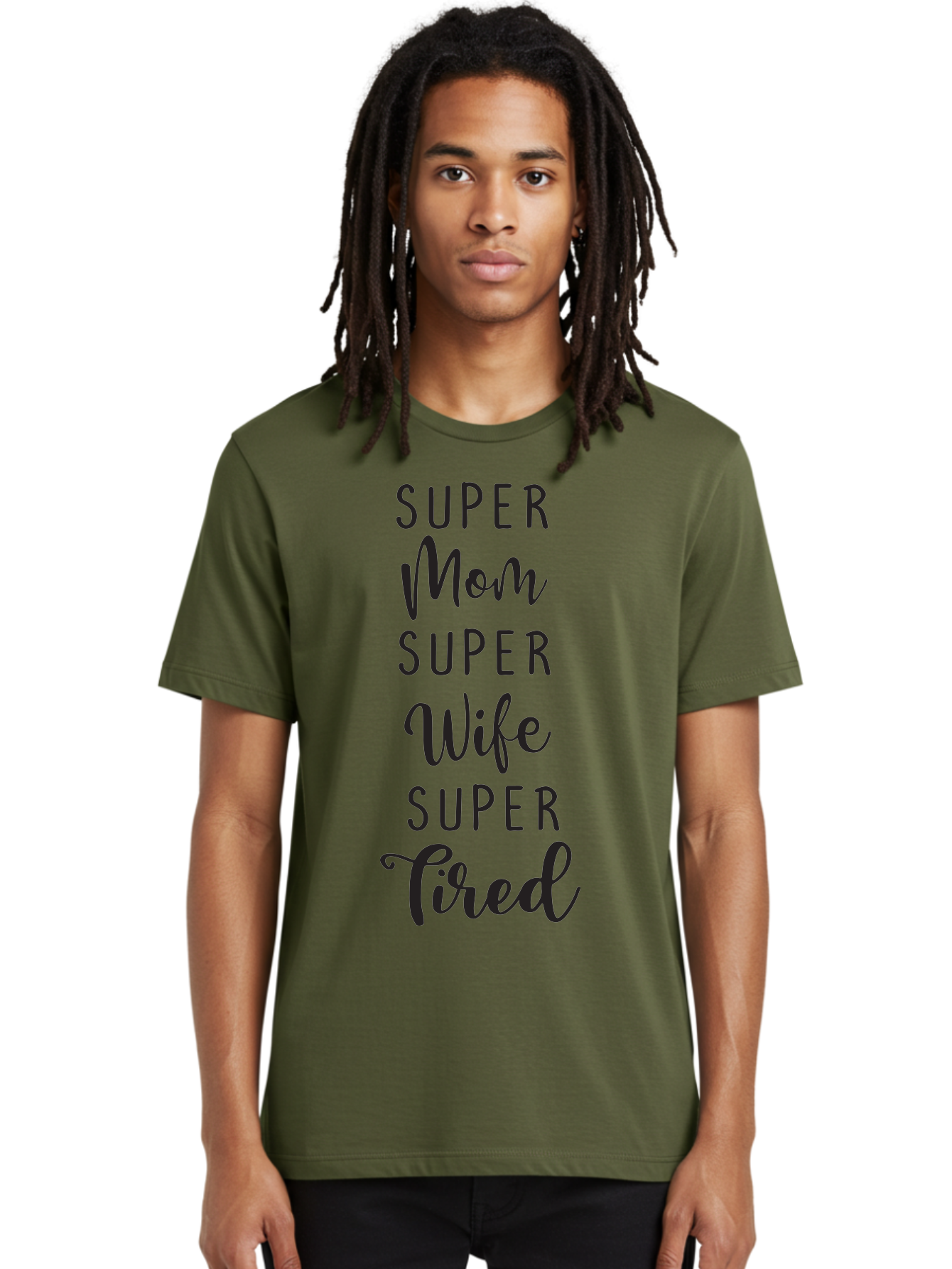 Super-Mom-Super-Wife-Super-Tired Men'S Graphic Tee, 100% Cotton, Comfortable Casual Summer Wear, Machine Washable, Super Mom, Super Wife, Super Tired, Mom Life, Motherhood, Wife Goals, Funny Quote, Relatable Humor, Mom Humor, Tired Mom Aad210