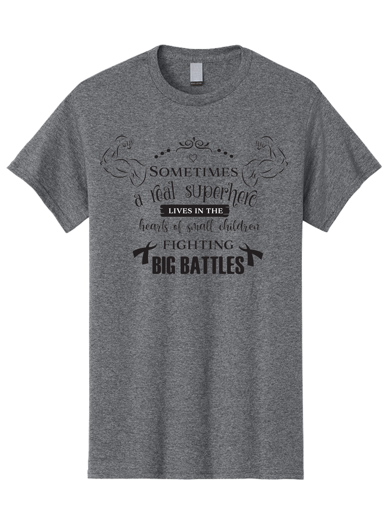 Superhero-Lives-In-The-Hearts-Of-Small-Children Men'S Graphic Tee, 100% Cotton, Comfortable Casual Summer Wear, Machine Washable, Superhero Quote, Inspirational Message, Childhood Cancer Awareness, Fighting Big Battles, Real Superheroes, Aad211