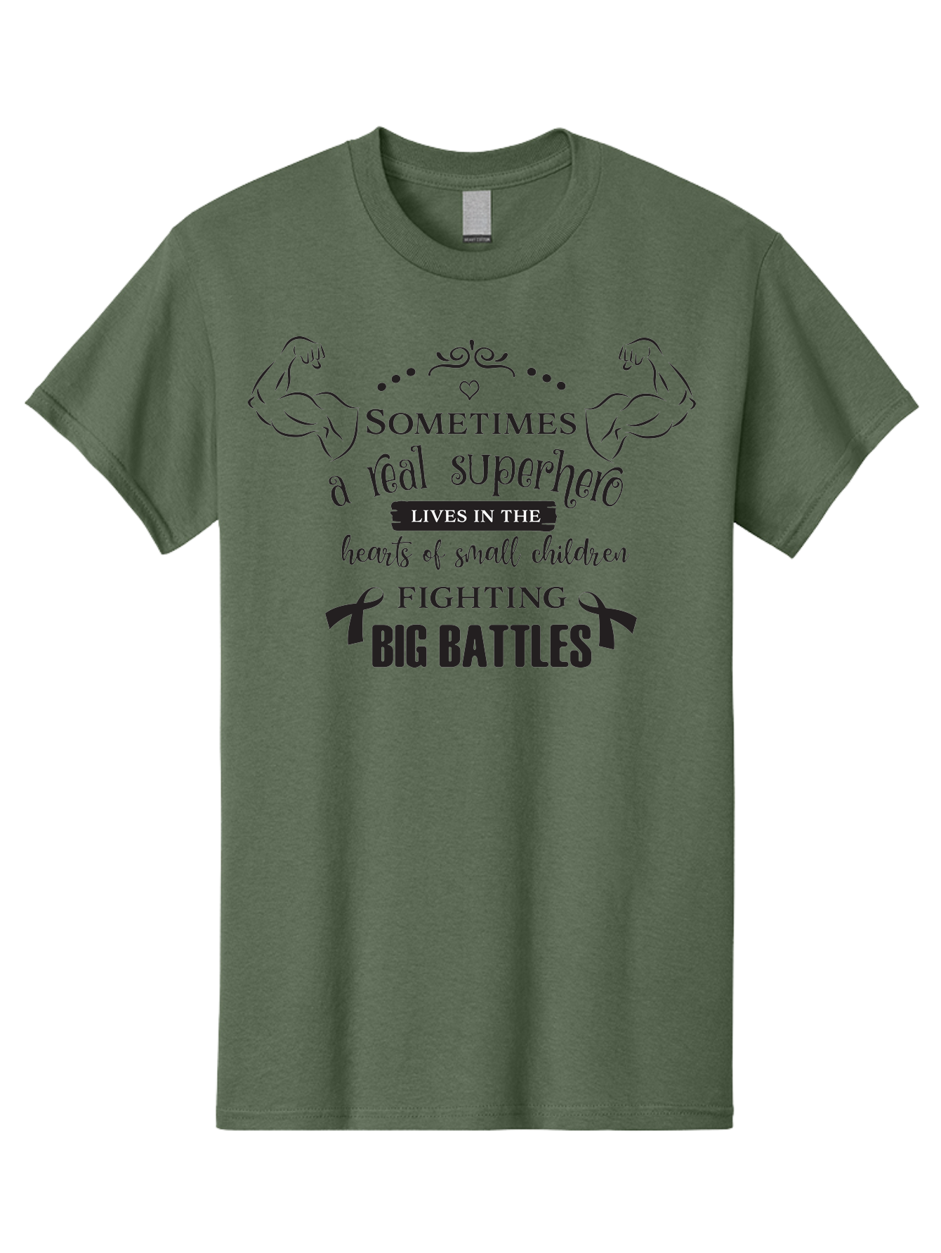Superhero-Lives-In-The-Hearts-Of-Small-Children Men'S Graphic Tee, 100% Cotton, Comfortable Casual Summer Wear, Machine Washable, Superhero Quote, Inspirational Message, Childhood Cancer Awareness, Fighting Big Battles, Real Superheroes, Aad211