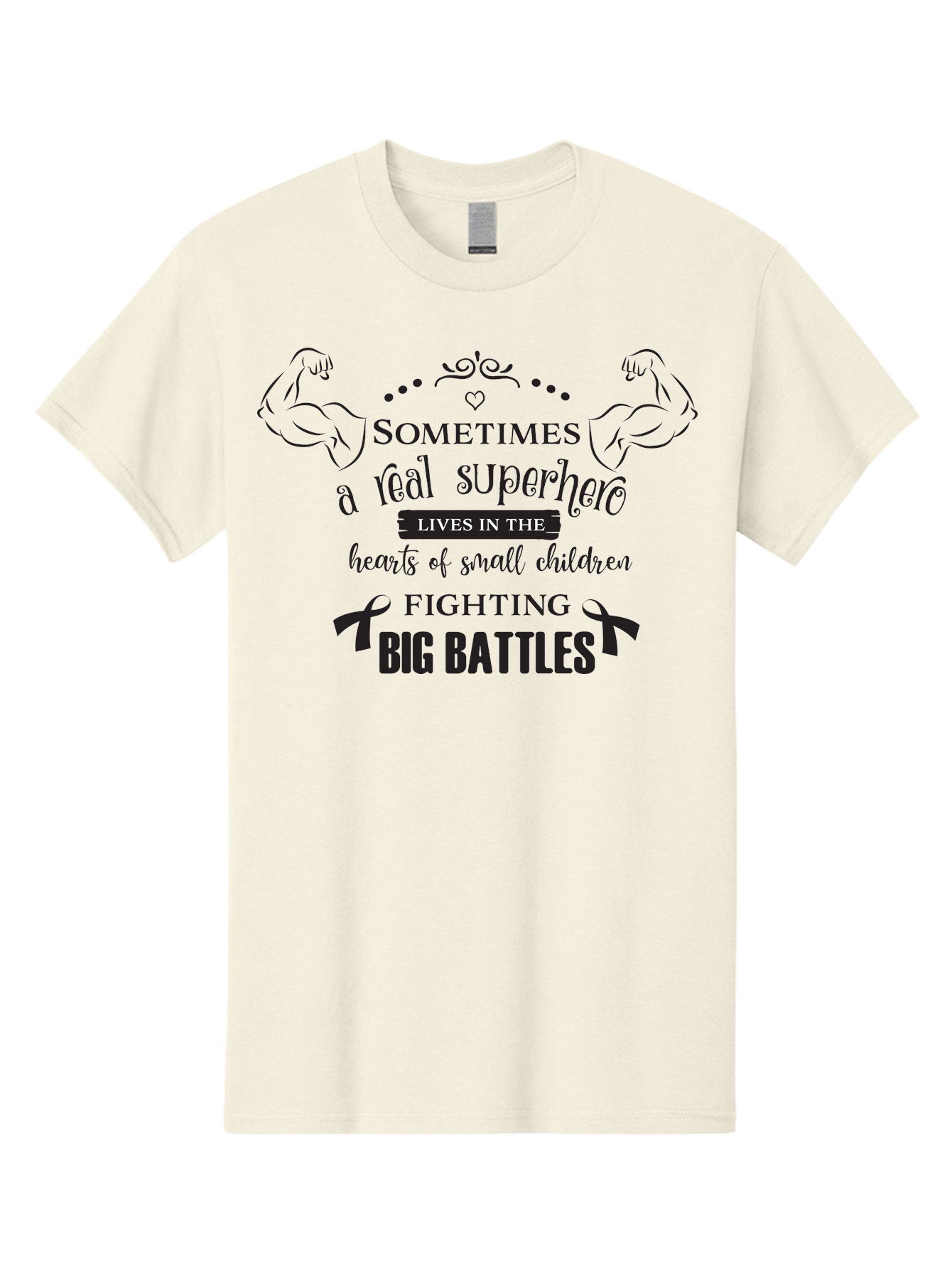 Superhero-Lives-In-The-Hearts-Of-Small-Children Men'S Graphic Tee, 100% Cotton, Comfortable Casual Summer Wear, Machine Washable, Superhero Quote, Inspirational Message, Childhood Cancer Awareness, Fighting Big Battles, Real Superheroes, Aad211