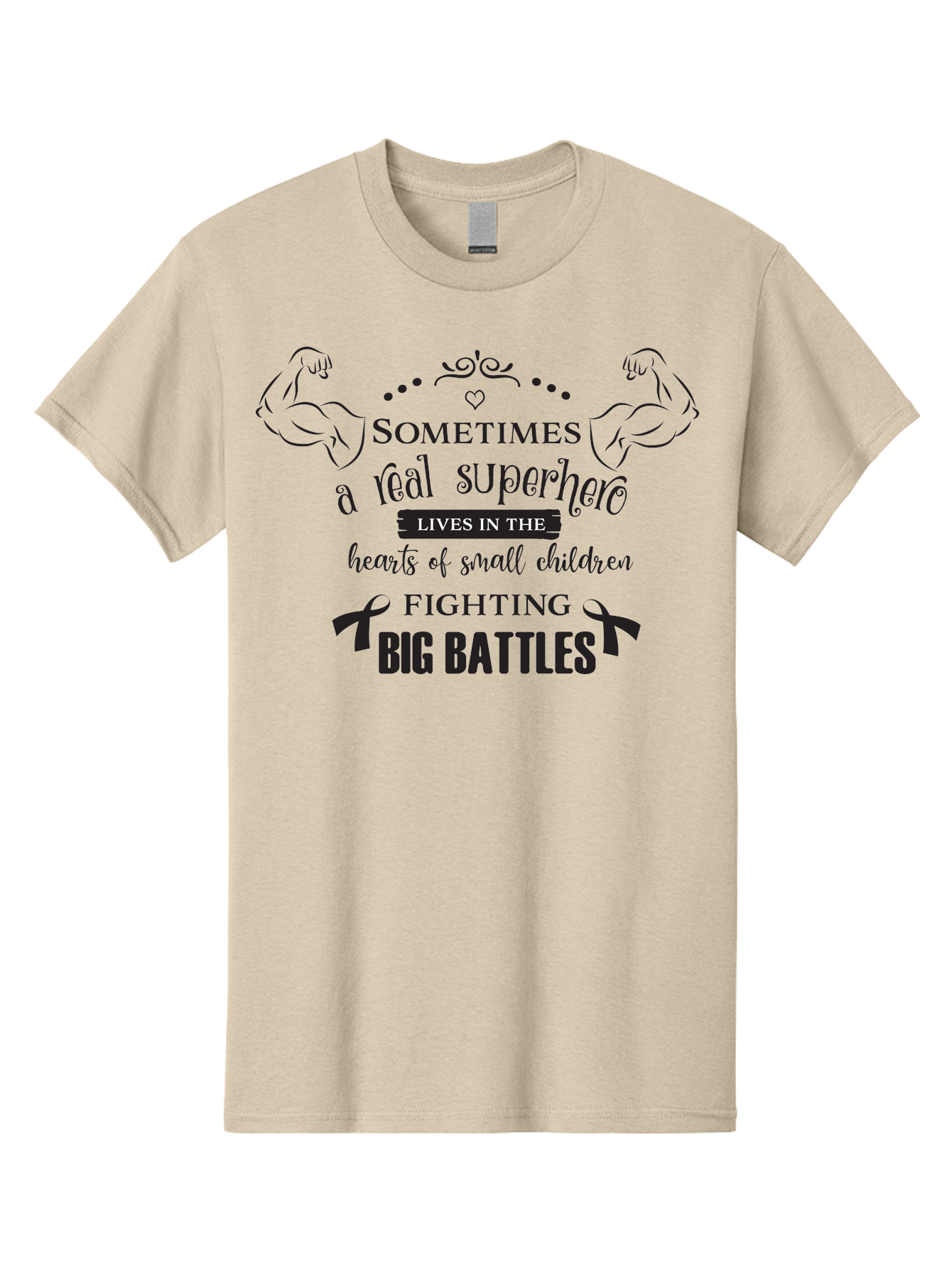 Superhero-Lives-In-The-Hearts-Of-Small-Children Men'S Graphic Tee, 100% Cotton, Comfortable Casual Summer Wear, Machine Washable, Superhero Quote, Inspirational Message, Childhood Cancer Awareness, Fighting Big Battles, Real Superheroes, Aad211