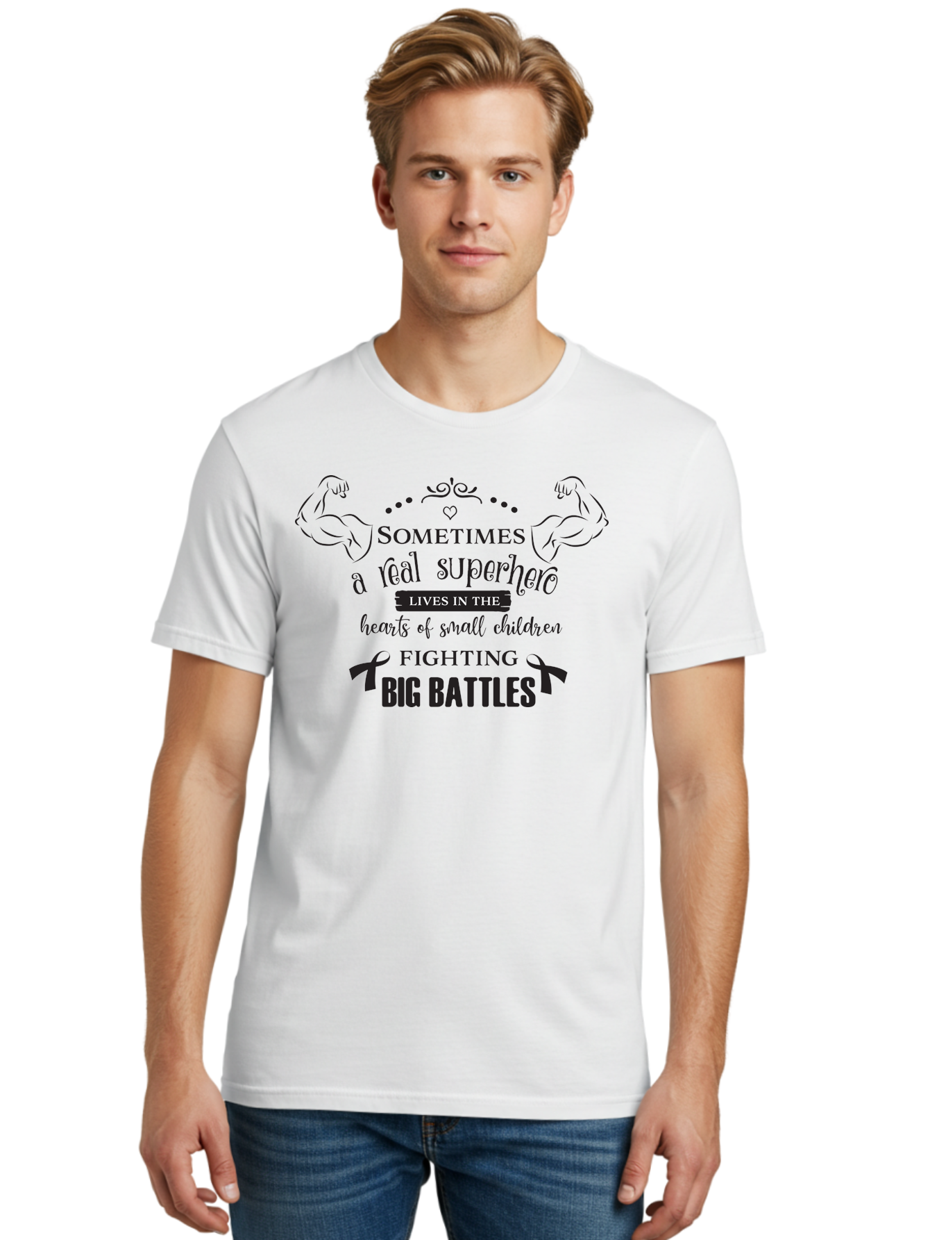 Superhero-Lives-In-The-Hearts-Of-Small-Children Men'S Graphic Tee, 100% Cotton, Comfortable Casual Summer Wear, Machine Washable, Superhero Quote, Inspirational Message, Childhood Cancer Awareness, Fighting Big Battles, Real Superheroes, Aad211