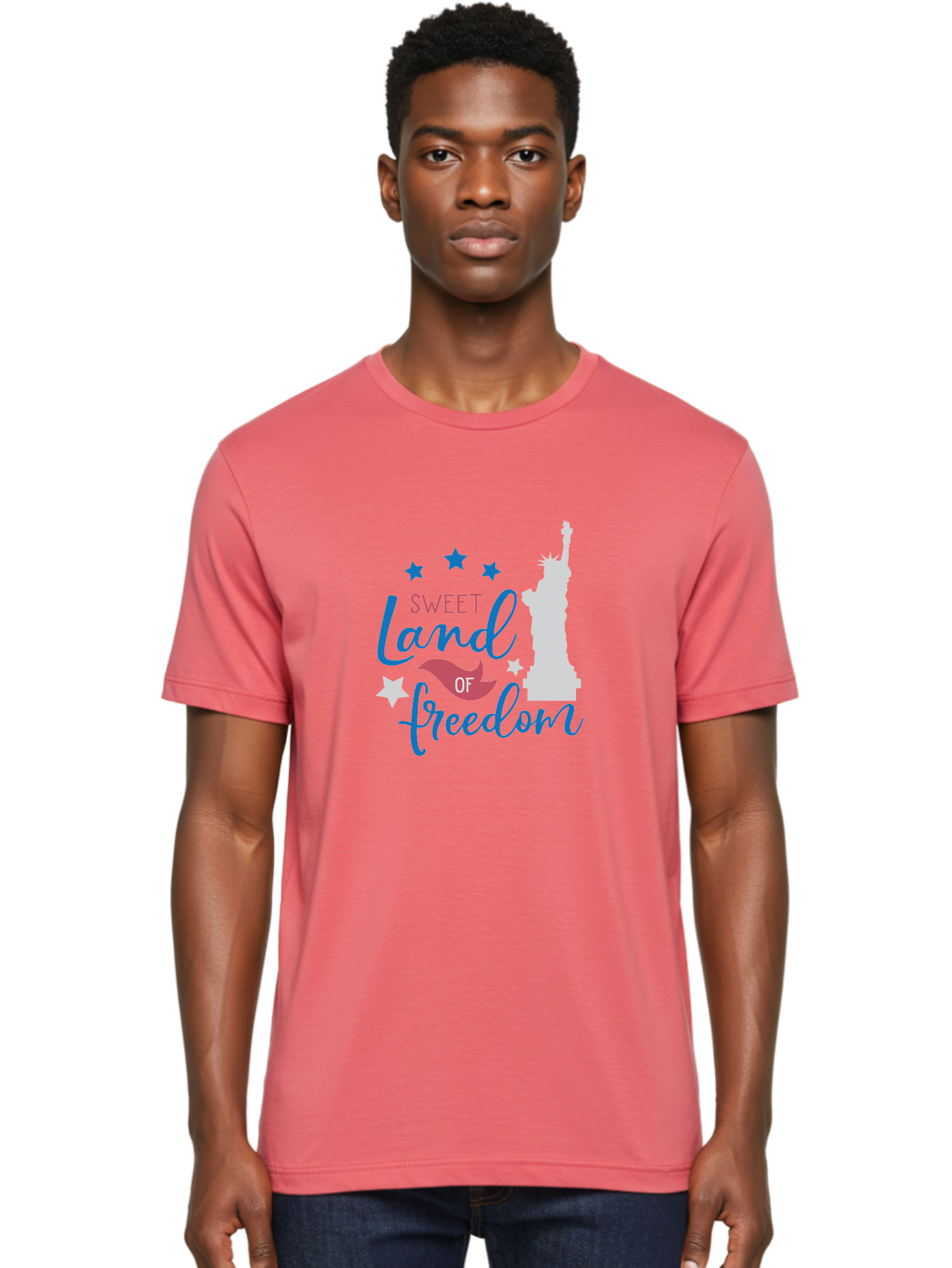 Sweet-Land-Of-Freedom Men'S Graphic Tee, 100% Cotton, Comfortable Casual Summer Wear, Machine Washable, Statue Of Liberty, Stars, Liberty Symbol, Usa, Statue Of Liberty, Freedom, 'Sweet Land Of Freedom', Patriotic Design, Inspirational Quote Aad216