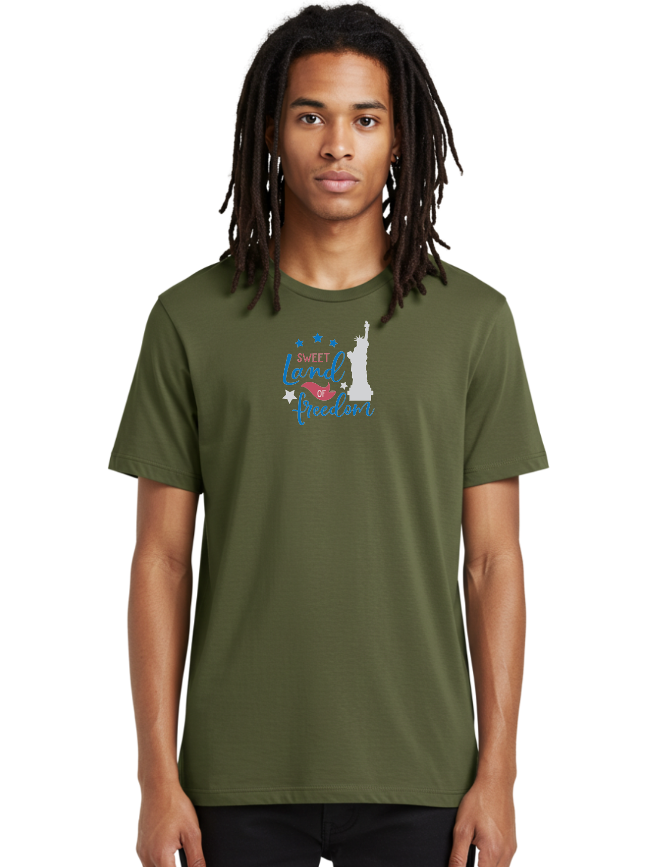 Sweet-Land-Of-Freedom Men'S Graphic Tee, 100% Cotton, Comfortable Casual Summer Wear, Machine Washable, Statue Of Liberty, Stars, Liberty Symbol, Usa, Statue Of Liberty, Freedom, 'Sweet Land Of Freedom', Patriotic Design, Inspirational Quote Aad216