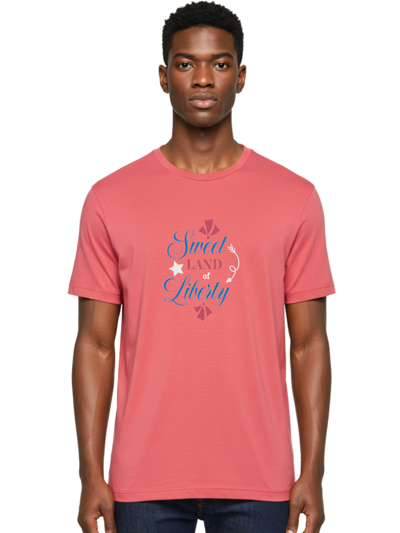 Sweet-Land-Of-Liberty Men'S Graphic Tee, 100% Cotton, Comfortable Casual Summer Wear, Machine Washable, Patriotic Graphic, Liberty Theme, Usa Inspiration, Vintage Style, Floral Elements, Arrow Design, Star Symbol, Red White And Blue Colors, Aad217