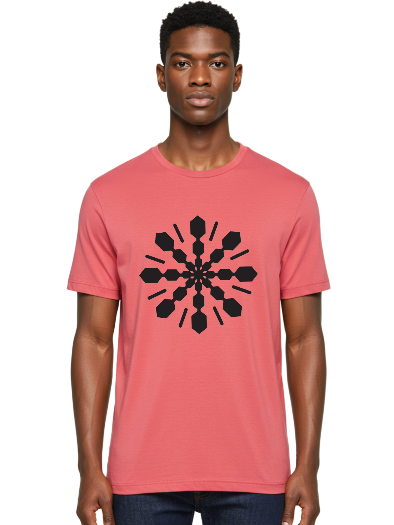 Symmetrical-Snowflake Men'S Graphic Tee, 100% Cotton, Comfortable Casual Summer Wear, Machine Washable, Symmetrical Design, Abstract Art, Geometric Pattern, Black Shapes, Radial Symmetry, Modern Graphic, Minimalist Style Aad218