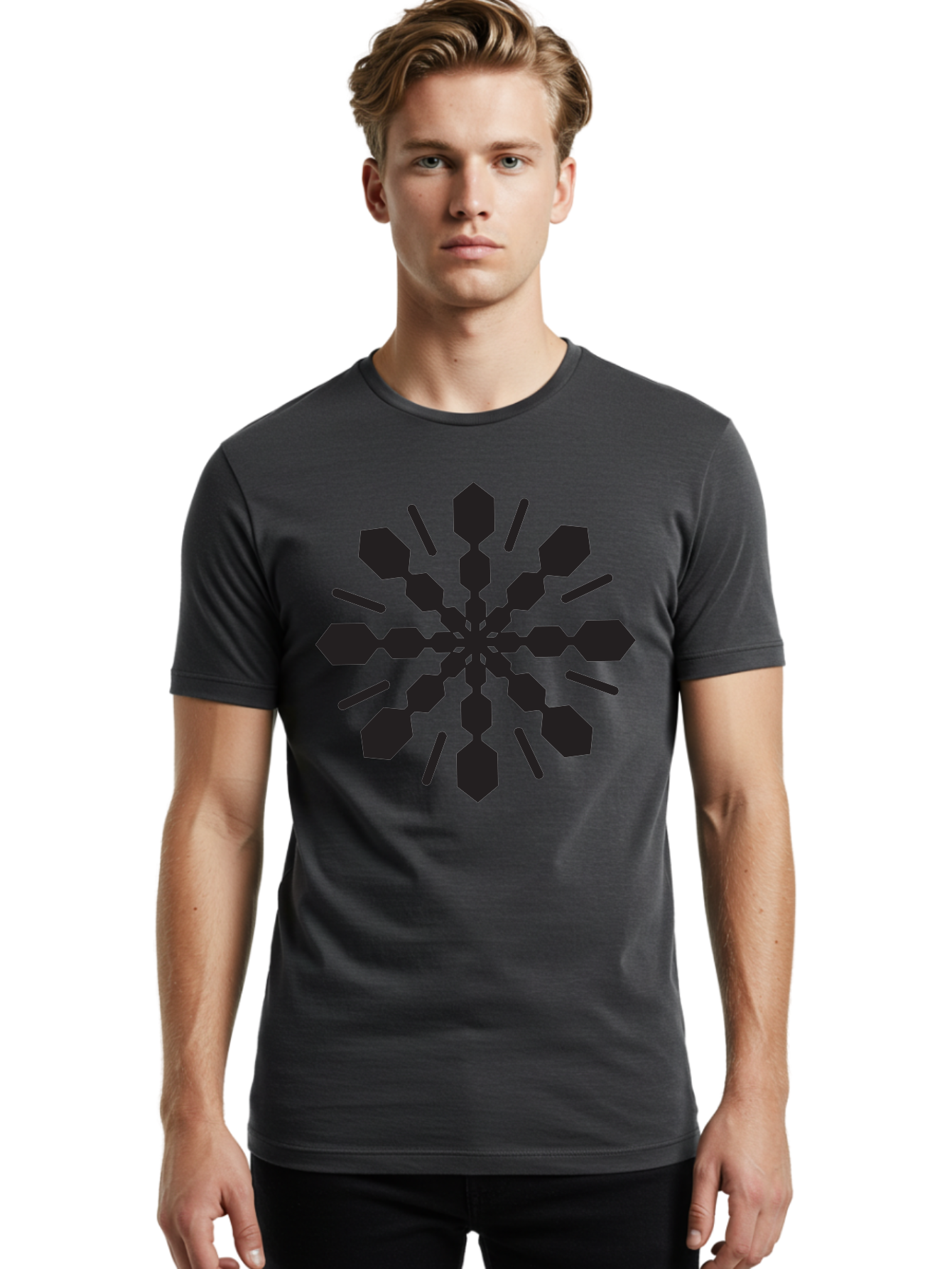 Symmetrical-Snowflake Men'S Graphic Tee, 100% Cotton, Comfortable Casual Summer Wear, Machine Washable, Symmetrical Design, Abstract Art, Geometric Pattern, Black Shapes, Radial Symmetry, Modern Graphic, Minimalist Style Aad218