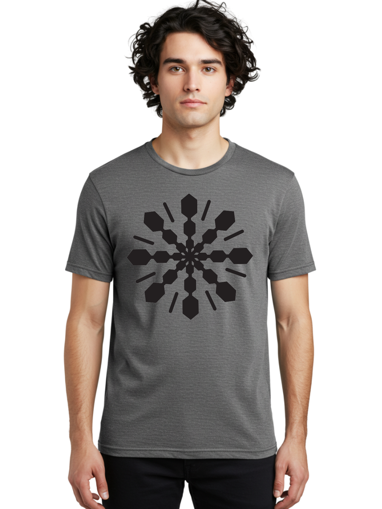 Symmetrical-Snowflake Men'S Graphic Tee, 100% Cotton, Comfortable Casual Summer Wear, Machine Washable, Symmetrical Design, Abstract Art, Geometric Pattern, Black Shapes, Radial Symmetry, Modern Graphic, Minimalist Style Aad218
