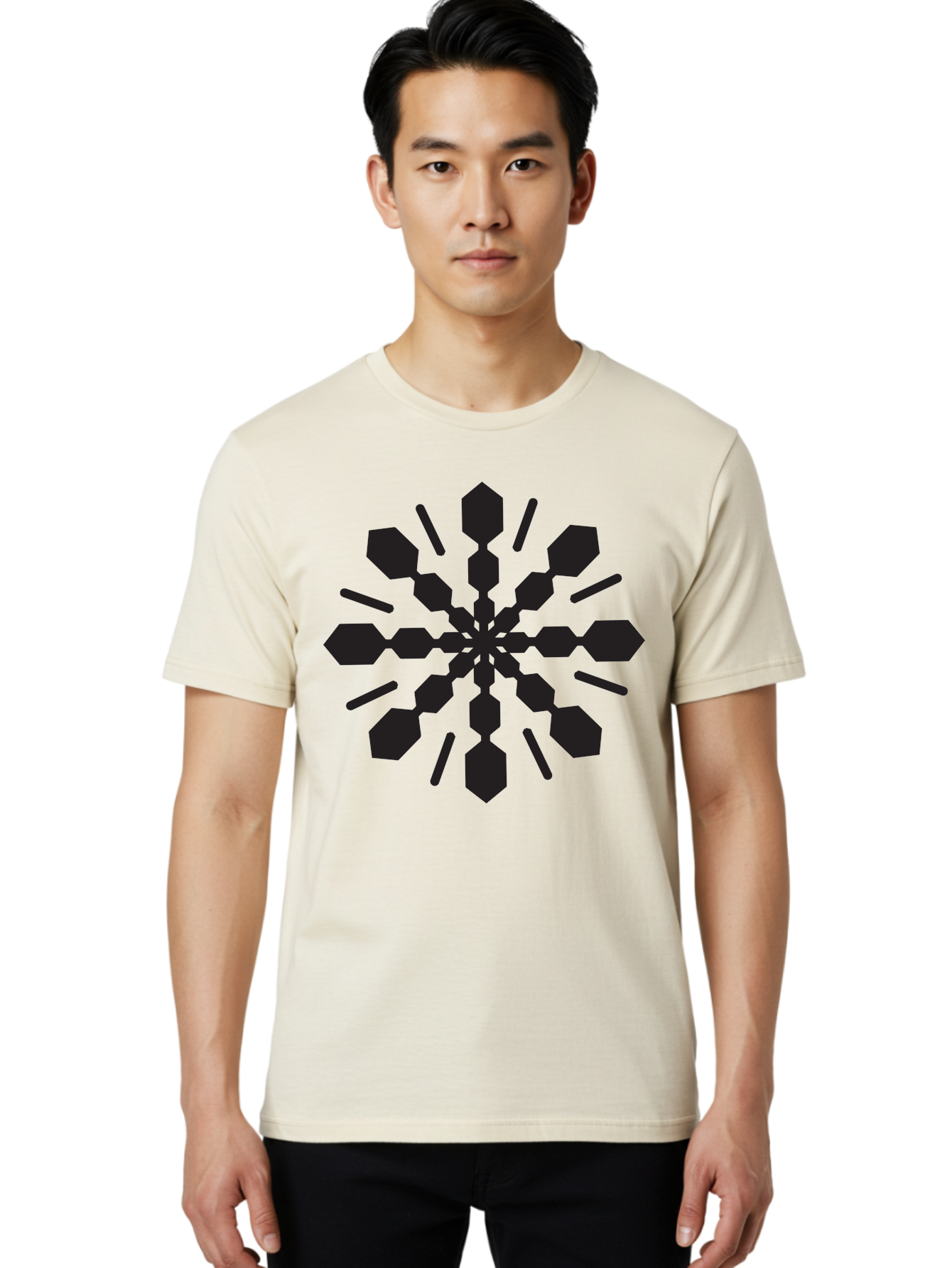 Symmetrical-Snowflake Men'S Graphic Tee, 100% Cotton, Comfortable Casual Summer Wear, Machine Washable, Symmetrical Design, Abstract Art, Geometric Pattern, Black Shapes, Radial Symmetry, Modern Graphic, Minimalist Style Aad218
