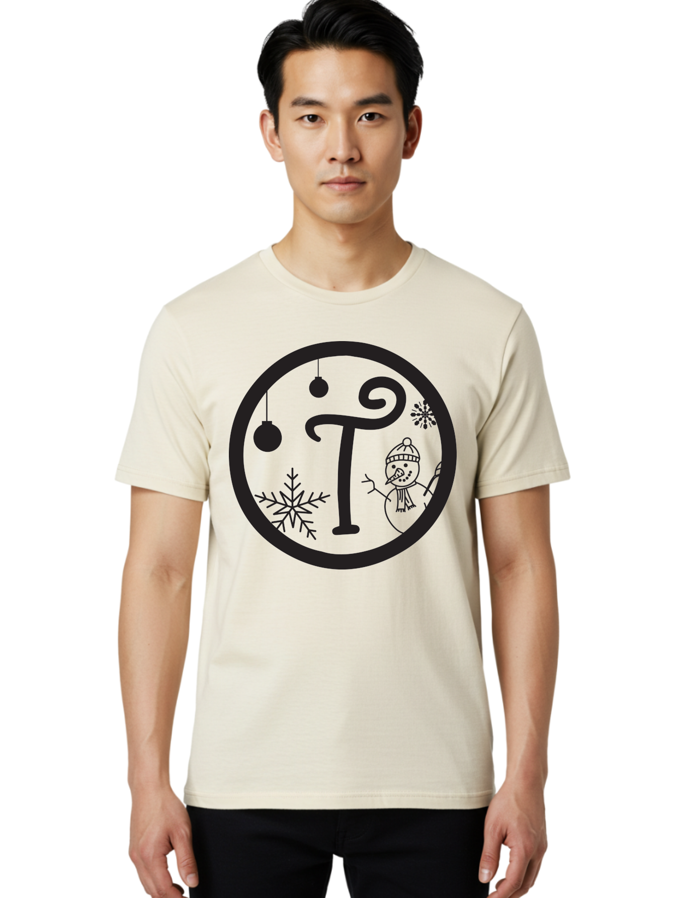 T-Snowman Men'S Graphic Tee, 100% Cotton, Comfortable Casual Summer Wear, Machine Washable, Snowman Waving, Christmas Ornaments, Snowflakes, Winter Wonderland, Holiday Decorations, Festive Theme, Minimalist Design, Cute Snowman Character Aad219