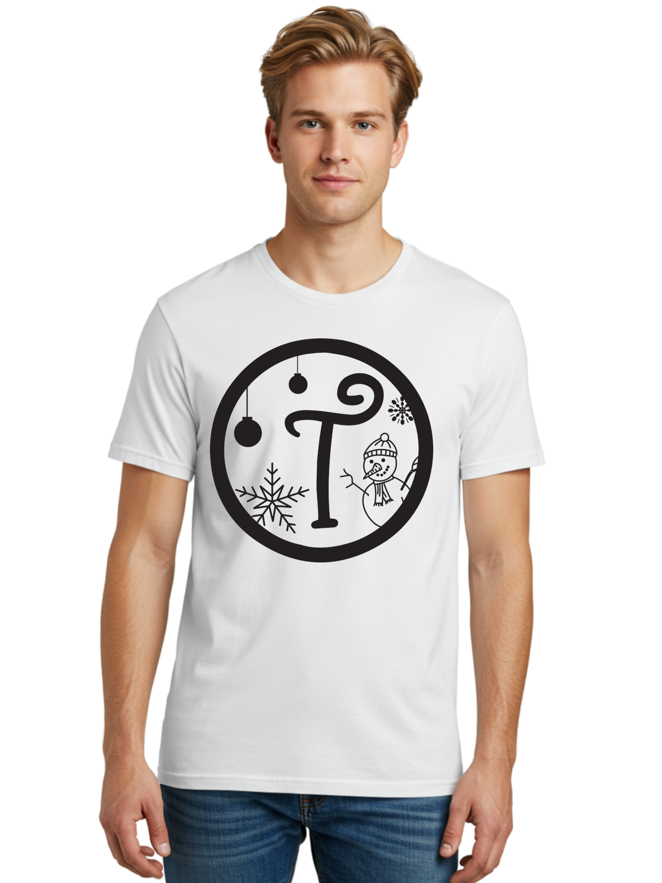 T-Snowman Men'S Graphic Tee, 100% Cotton, Comfortable Casual Summer Wear, Machine Washable, Snowman Waving, Christmas Ornaments, Snowflakes, Winter Wonderland, Holiday Decorations, Festive Theme, Minimalist Design, Cute Snowman Character Aad219