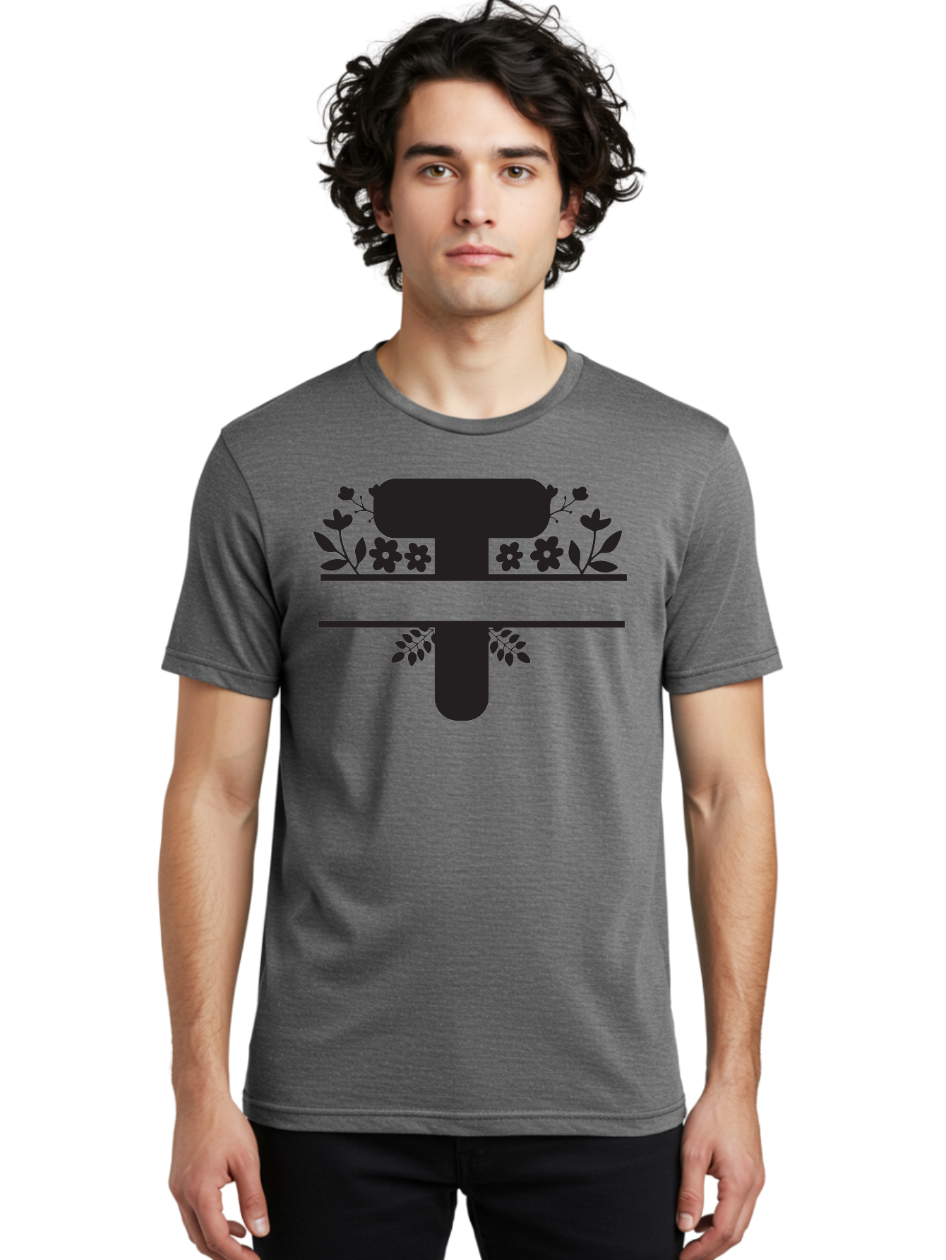 T Men'S Graphic Tee, 100% Cotton, Comfortable Casual Summer Wear, Machine Washable, Stylized Letter T, Floral Design, Black Silhouette, Leafy Accents, Flowers, Logo Concept, Typography, Elegant Graphics, Modern Design, Symbolic Representation Aad220