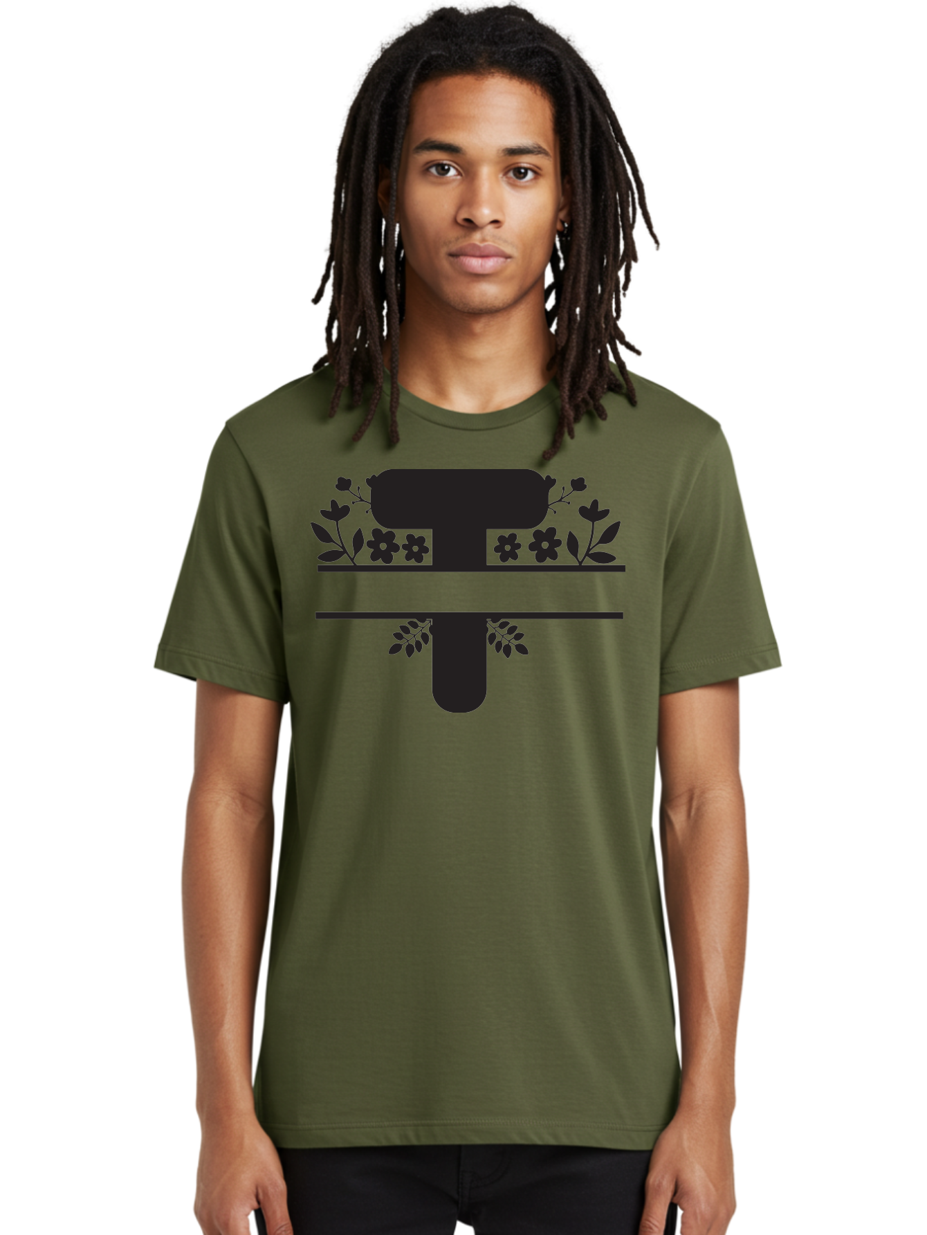 T Men'S Graphic Tee, 100% Cotton, Comfortable Casual Summer Wear, Machine Washable, Stylized Letter T, Floral Design, Black Silhouette, Leafy Accents, Flowers, Logo Concept, Typography, Elegant Graphics, Modern Design, Symbolic Representation Aad220