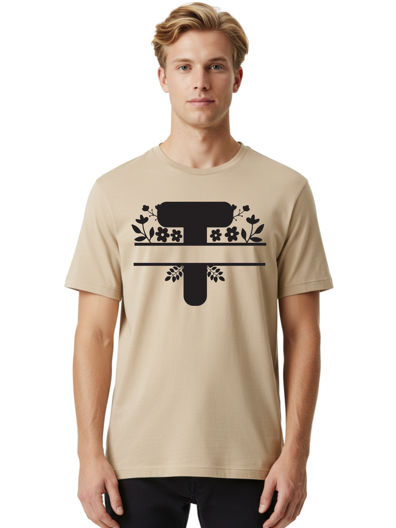 T Men'S Graphic Tee, 100% Cotton, Comfortable Casual Summer Wear, Machine Washable, Stylized Letter T, Floral Design, Black Silhouette, Leafy Accents, Flowers, Logo Concept, Typography, Elegant Graphics, Modern Design, Symbolic Representation Aad220