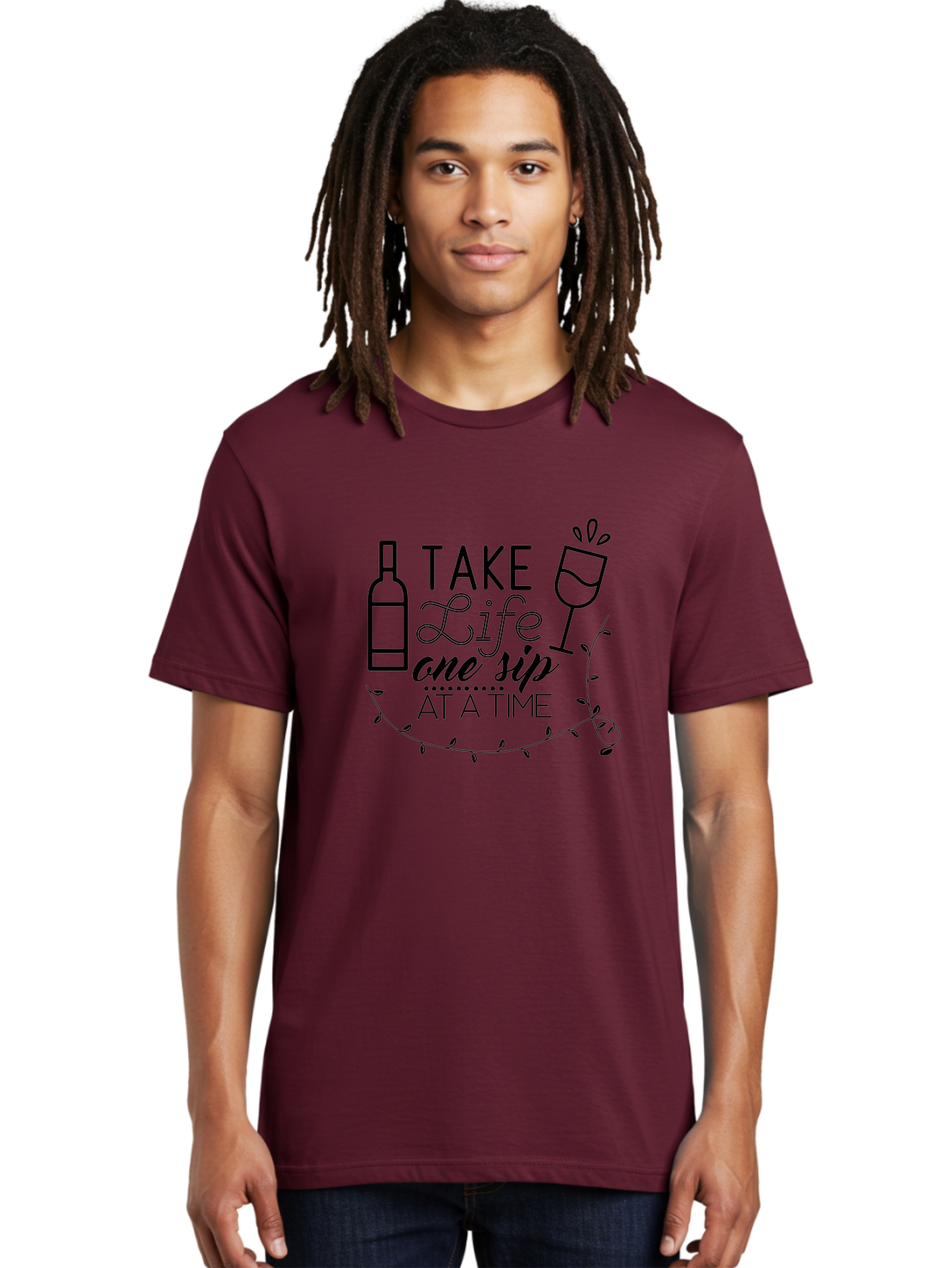 Take-Life-One-Sip-At-A-Time Men'S Graphic Tee, 100% Cotton, Comfortable Casual Summer Wear, Machine Washable, Wine Quotes, Life Quotes, Inspirational Quotes, Wine Bottle, Wine Glass, Vine Quote, Take Life One Sip At A Time, Relaxing Atmosphere Aad222