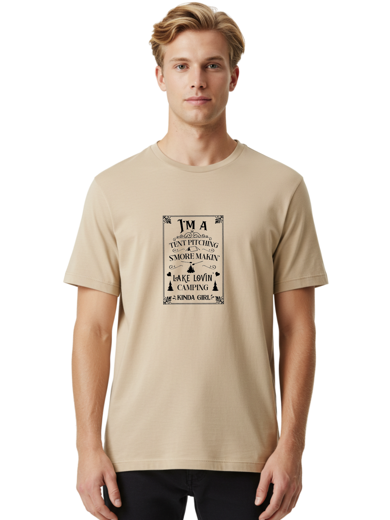 Tent-Pitching-S-More-Makin-Lake-Lovin-Camping-Kinda-Girl Men'S Graphic Tee, 100% Cotton, Comfortable Casual Summer Wear, Machine Washable, Camping Quotes, Outdoor Adventure, S'Mores Making, Lake Loving, Tent Pitching, Camping Enthusiast, Aad227