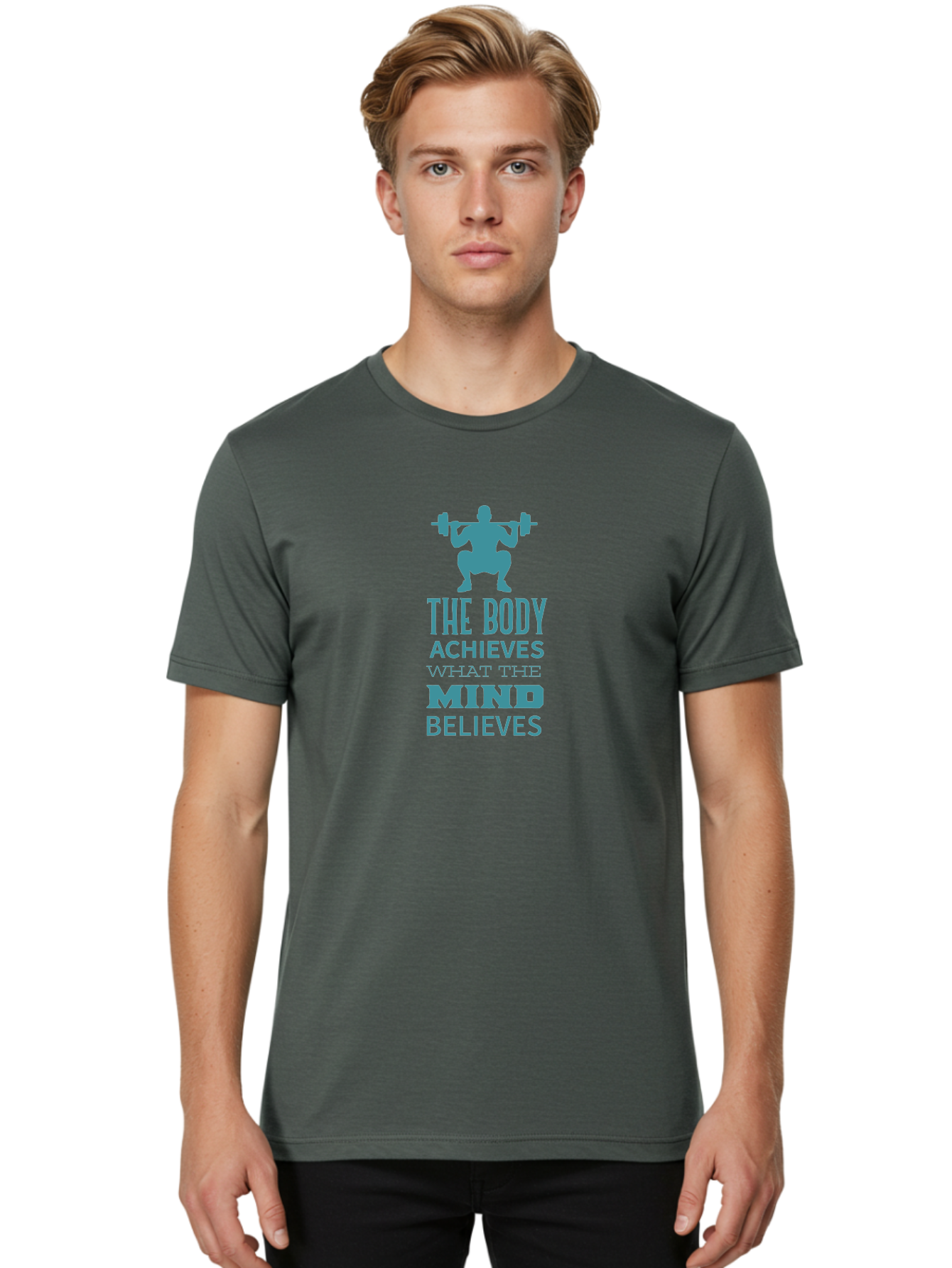 The-Body-Achieves-What-The-Mind-Believes Men'S Graphic Tee, 100% Cotton, Comfortable Casual Summer Wear, Machine Washable, Motivational Quote, Weightlifting, Fitness Inspiration, Bodybuilding, Mental Toughness, Workout Motivation, Gym Quotes, Aad231