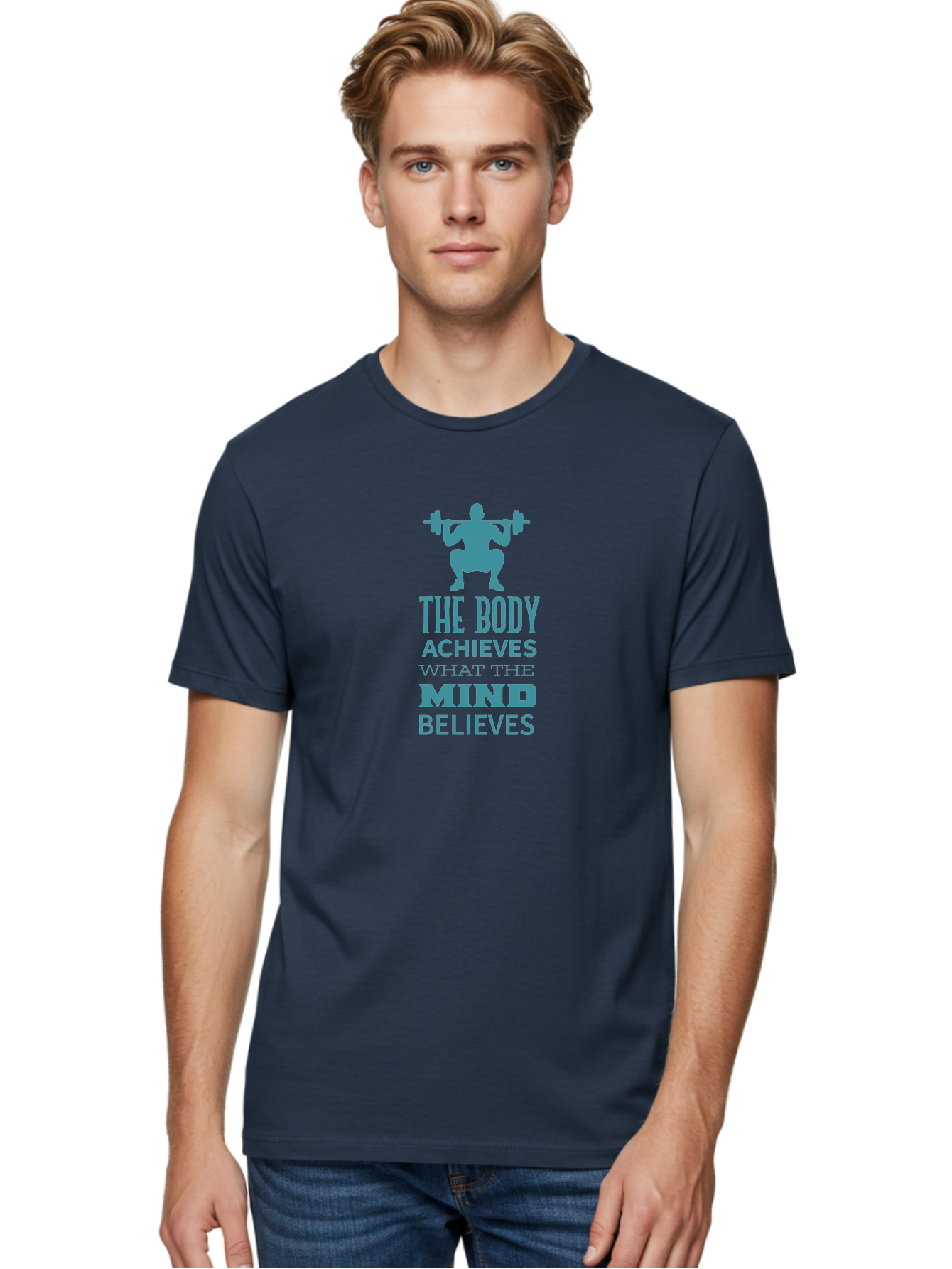 The-Body-Achieves-What-The-Mind-Believes Men'S Graphic Tee, 100% Cotton, Comfortable Casual Summer Wear, Machine Washable, Motivational Quote, Weightlifting, Fitness Inspiration, Bodybuilding, Mental Toughness, Workout Motivation, Gym Quotes, Aad231