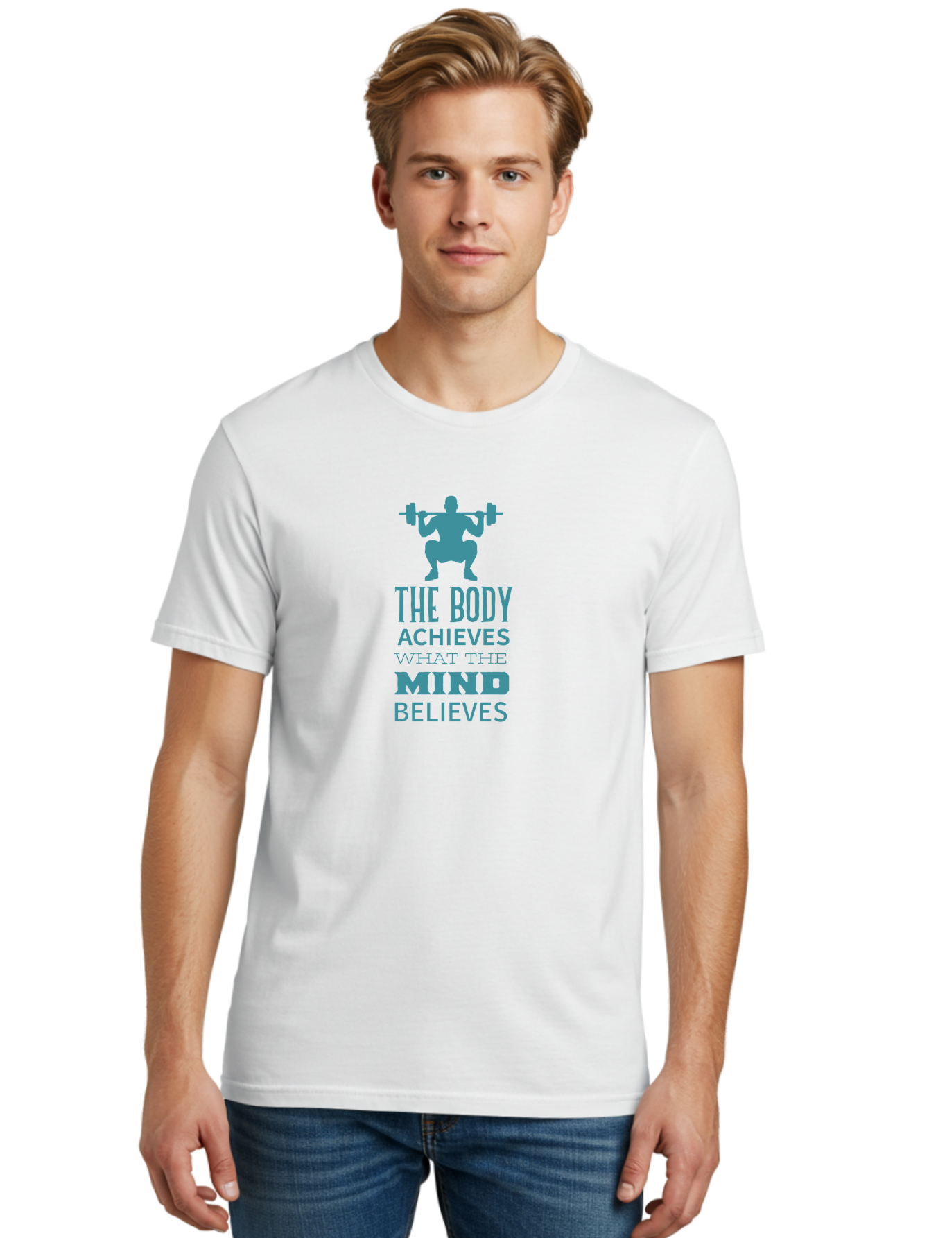 The-Body-Achieves-What-The-Mind-Believes Men'S Graphic Tee, 100% Cotton, Comfortable Casual Summer Wear, Machine Washable, Motivational Quote, Weightlifting, Fitness Inspiration, Bodybuilding, Mental Toughness, Workout Motivation, Gym Quotes, Aad231