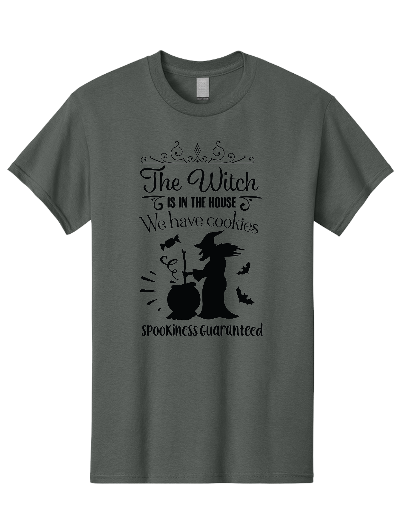 The-Witch-Is-In-The-House-We-Have-Cookies Men'S Graphic Tee, 100% Cotton, Comfortable Casual Summer Wear, Machine Washable, Halloween Witch, Witch Silhouette, Witch'S Cauldron, Halloween Treats, Spooky Decorations, Halloween Cookies, Aad239