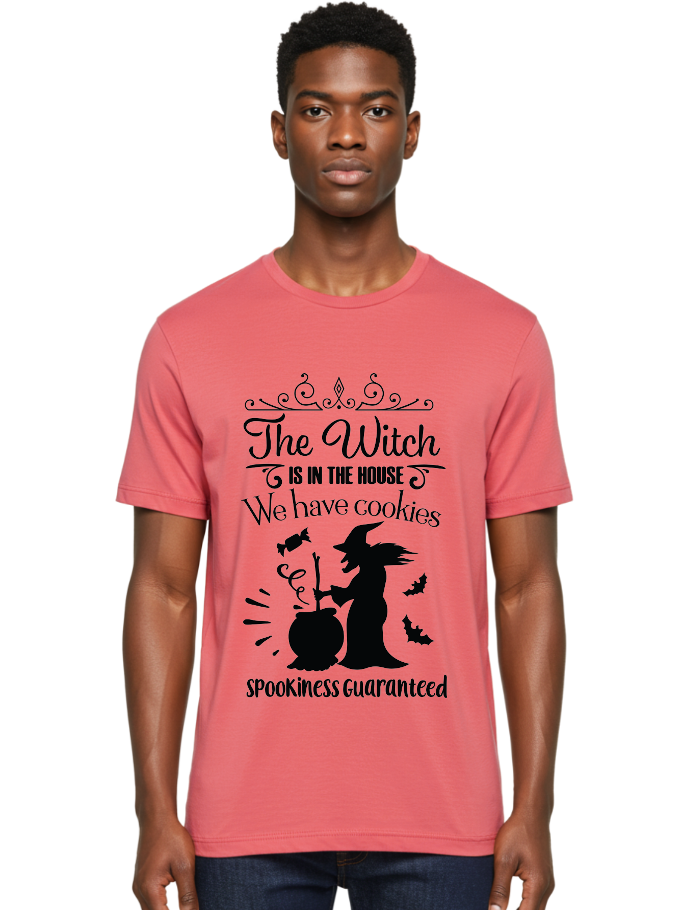 The-Witch-Is-In-The-House-We-Have-Cookies Men'S Graphic Tee, 100% Cotton, Comfortable Casual Summer Wear, Machine Washable, Halloween Witch, Witch Silhouette, Witch'S Cauldron, Halloween Treats, Spooky Decorations, Halloween Cookies, Aad239
