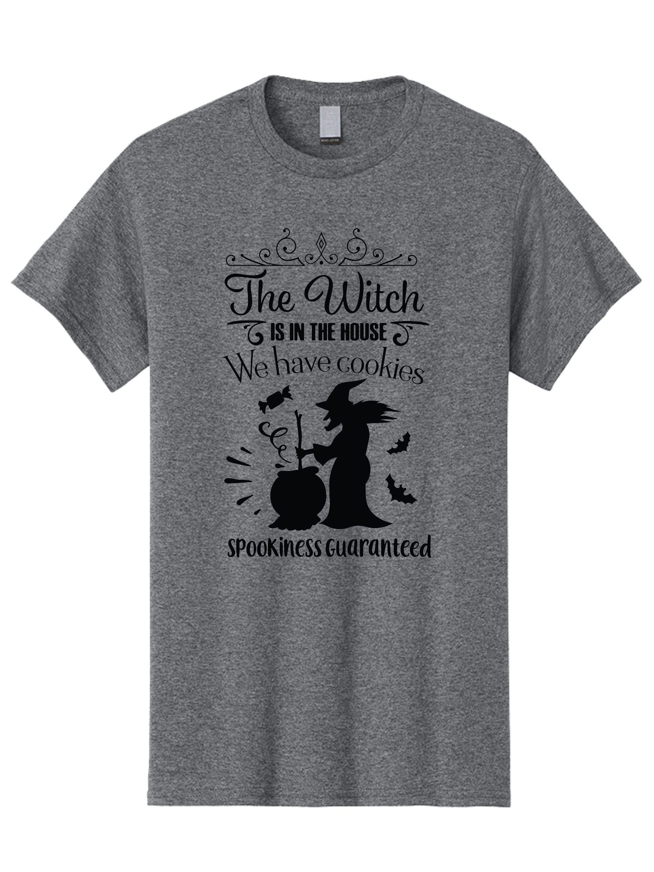 The-Witch-Is-In-The-House-We-Have-Cookies Men'S Graphic Tee, 100% Cotton, Comfortable Casual Summer Wear, Machine Washable, Halloween Witch, Witch Silhouette, Witch'S Cauldron, Halloween Treats, Spooky Decorations, Halloween Cookies, Aad239