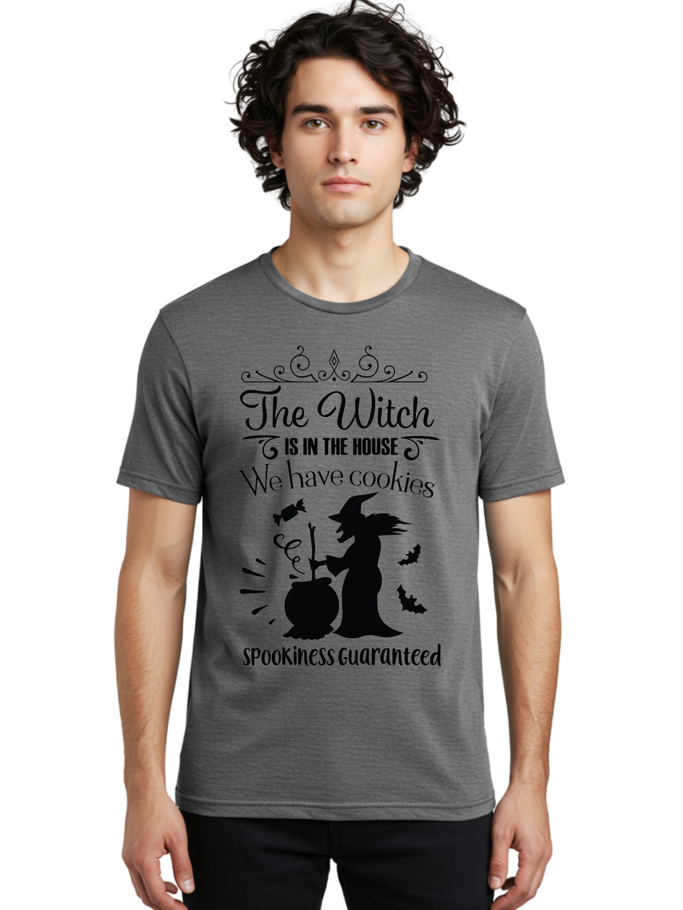 The-Witch-Is-In-The-House-We-Have-Cookies Men'S Graphic Tee, 100% Cotton, Comfortable Casual Summer Wear, Machine Washable, Halloween Witch, Witch Silhouette, Witch'S Cauldron, Halloween Treats, Spooky Decorations, Halloween Cookies, Aad239