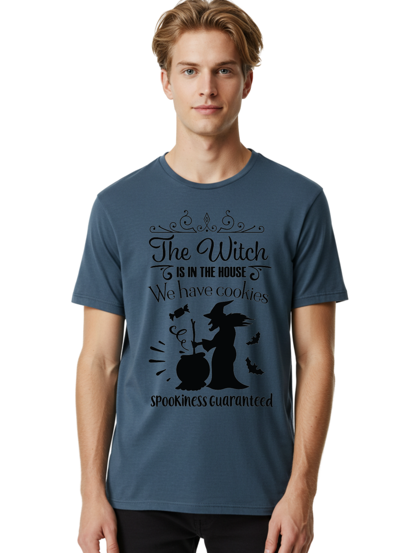 The-Witch-Is-In-The-House-We-Have-Cookies Men'S Graphic Tee, 100% Cotton, Comfortable Casual Summer Wear, Machine Washable, Halloween Witch, Witch Silhouette, Witch'S Cauldron, Halloween Treats, Spooky Decorations, Halloween Cookies, Aad239