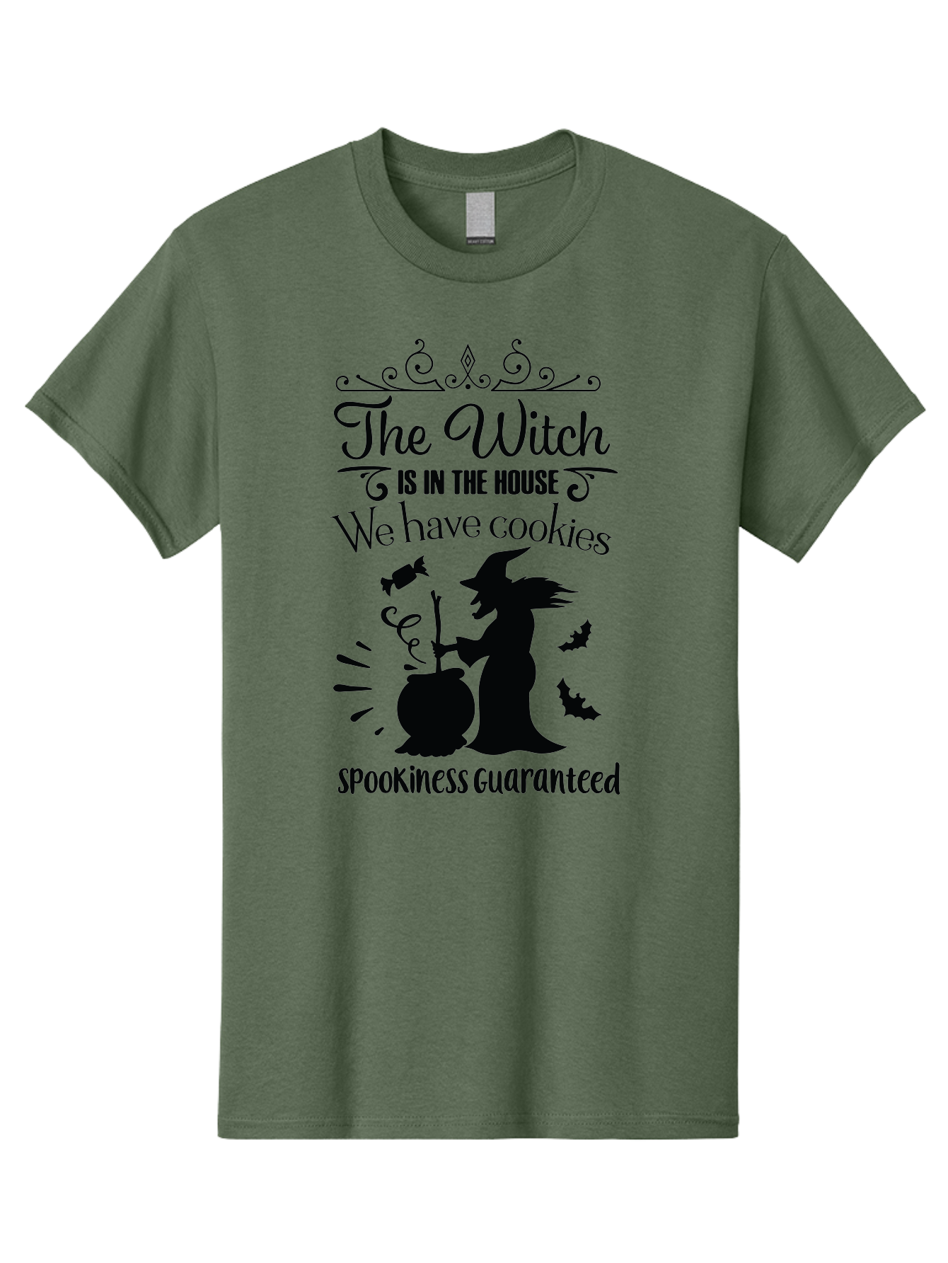 The-Witch-Is-In-The-House-We-Have-Cookies Men'S Graphic Tee, 100% Cotton, Comfortable Casual Summer Wear, Machine Washable, Halloween Witch, Witch Silhouette, Witch'S Cauldron, Halloween Treats, Spooky Decorations, Halloween Cookies, Aad239