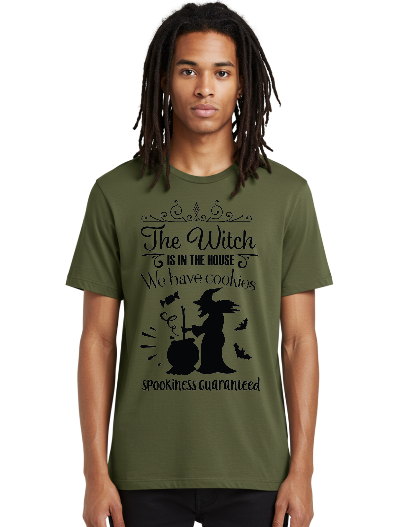 The-Witch-Is-In-The-House-We-Have-Cookies Men'S Graphic Tee, 100% Cotton, Comfortable Casual Summer Wear, Machine Washable, Halloween Witch, Witch Silhouette, Witch'S Cauldron, Halloween Treats, Spooky Decorations, Halloween Cookies, Aad239