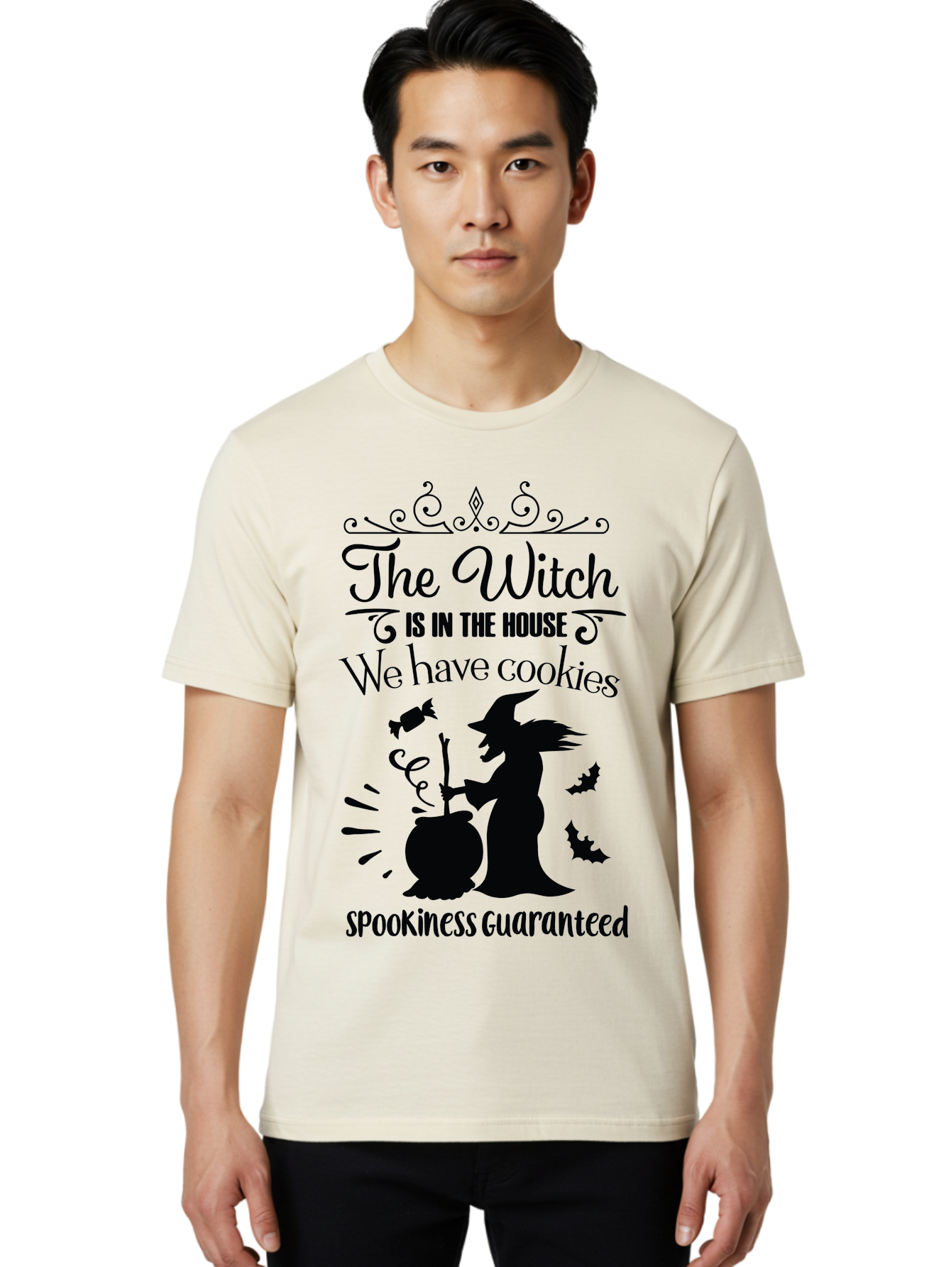 The-Witch-Is-In-The-House-We-Have-Cookies Men'S Graphic Tee, 100% Cotton, Comfortable Casual Summer Wear, Machine Washable, Halloween Witch, Witch Silhouette, Witch'S Cauldron, Halloween Treats, Spooky Decorations, Halloween Cookies, Aad239
