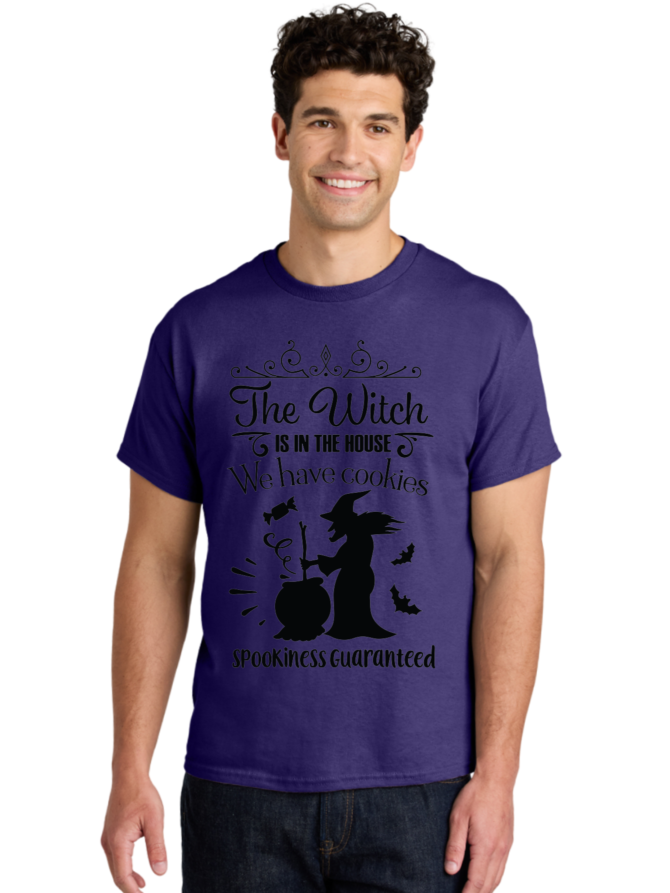 The-Witch-Is-In-The-House-We-Have-Cookies Men'S Graphic Tee, 100% Cotton, Comfortable Casual Summer Wear, Machine Washable, Halloween Witch, Witch Silhouette, Witch'S Cauldron, Halloween Treats, Spooky Decorations, Halloween Cookies, Aad239