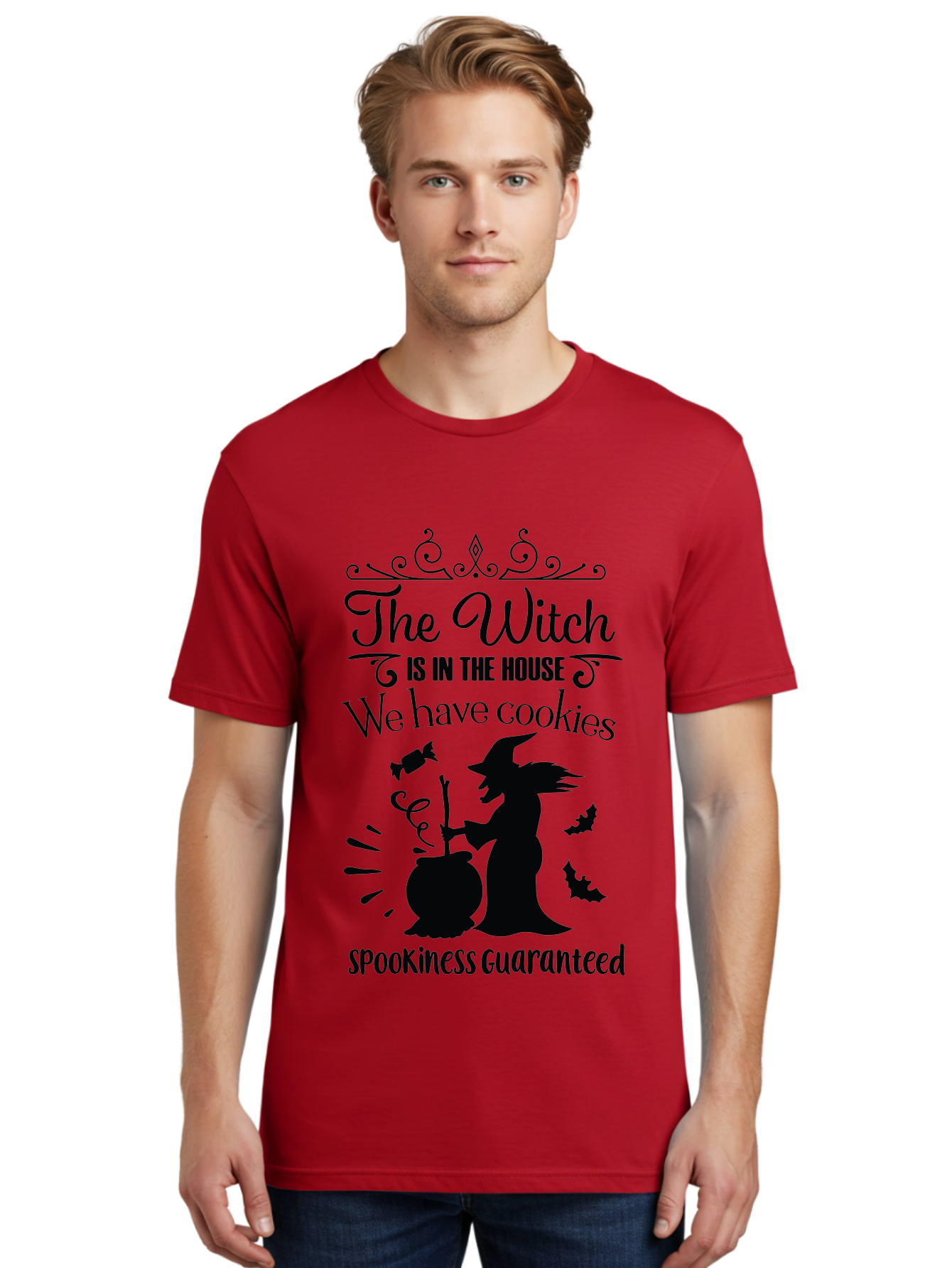 The-Witch-Is-In-The-House-We-Have-Cookies Men'S Graphic Tee, 100% Cotton, Comfortable Casual Summer Wear, Machine Washable, Halloween Witch, Witch Silhouette, Witch'S Cauldron, Halloween Treats, Spooky Decorations, Halloween Cookies, Aad239