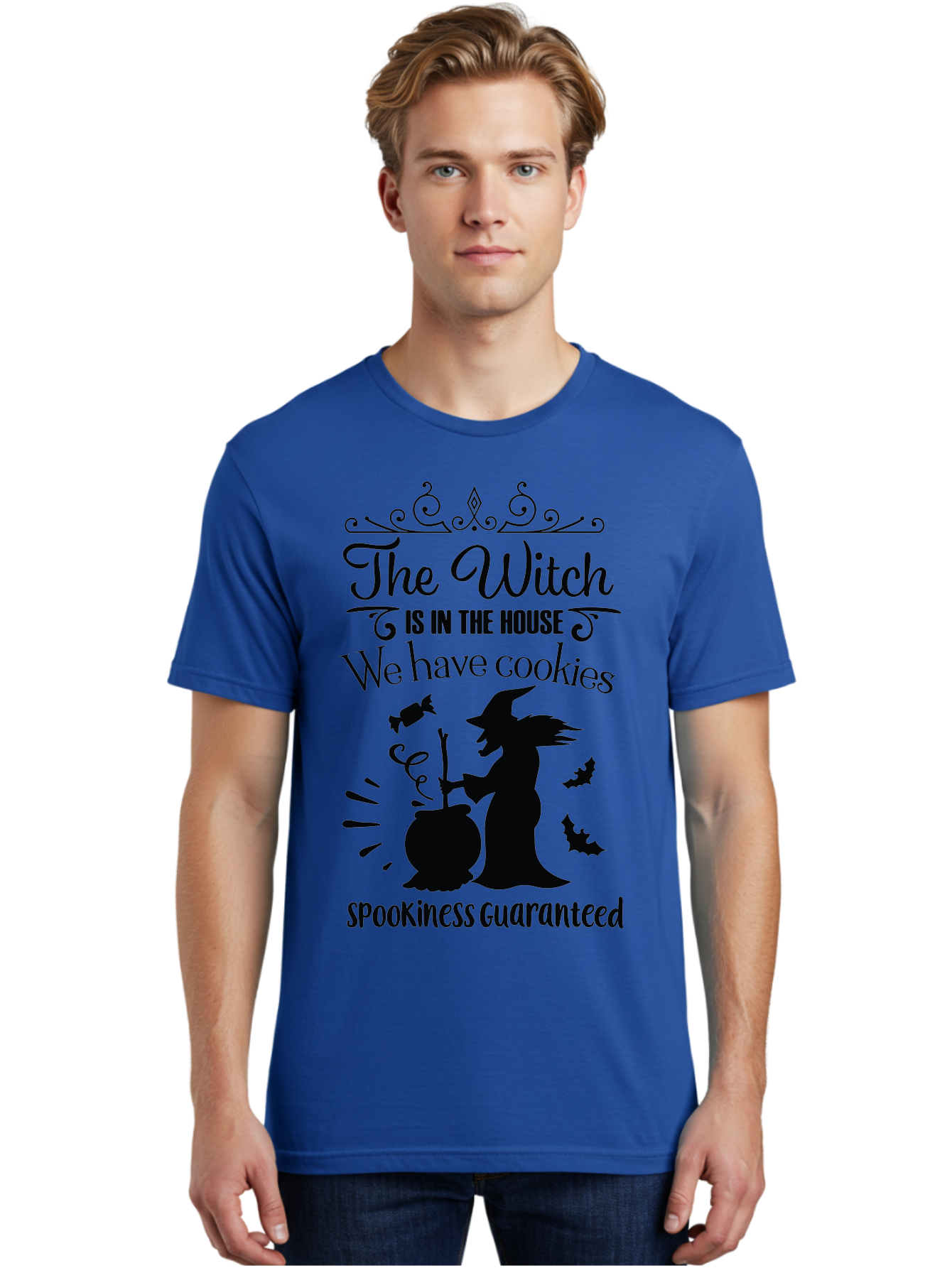 The-Witch-Is-In-The-House-We-Have-Cookies Men'S Graphic Tee, 100% Cotton, Comfortable Casual Summer Wear, Machine Washable, Halloween Witch, Witch Silhouette, Witch'S Cauldron, Halloween Treats, Spooky Decorations, Halloween Cookies, Aad239