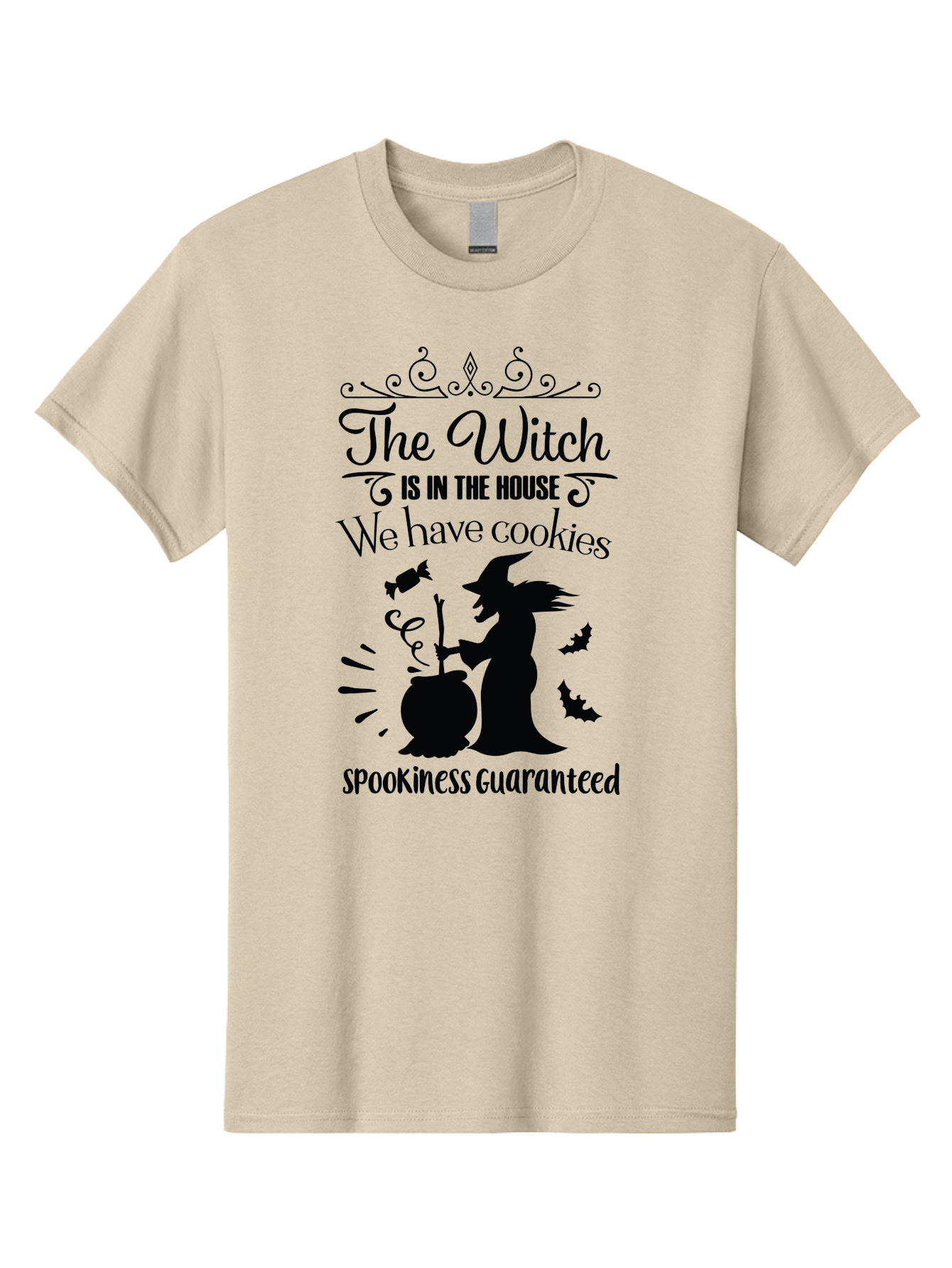The-Witch-Is-In-The-House-We-Have-Cookies Men'S Graphic Tee, 100% Cotton, Comfortable Casual Summer Wear, Machine Washable, Halloween Witch, Witch Silhouette, Witch'S Cauldron, Halloween Treats, Spooky Decorations, Halloween Cookies, Aad239