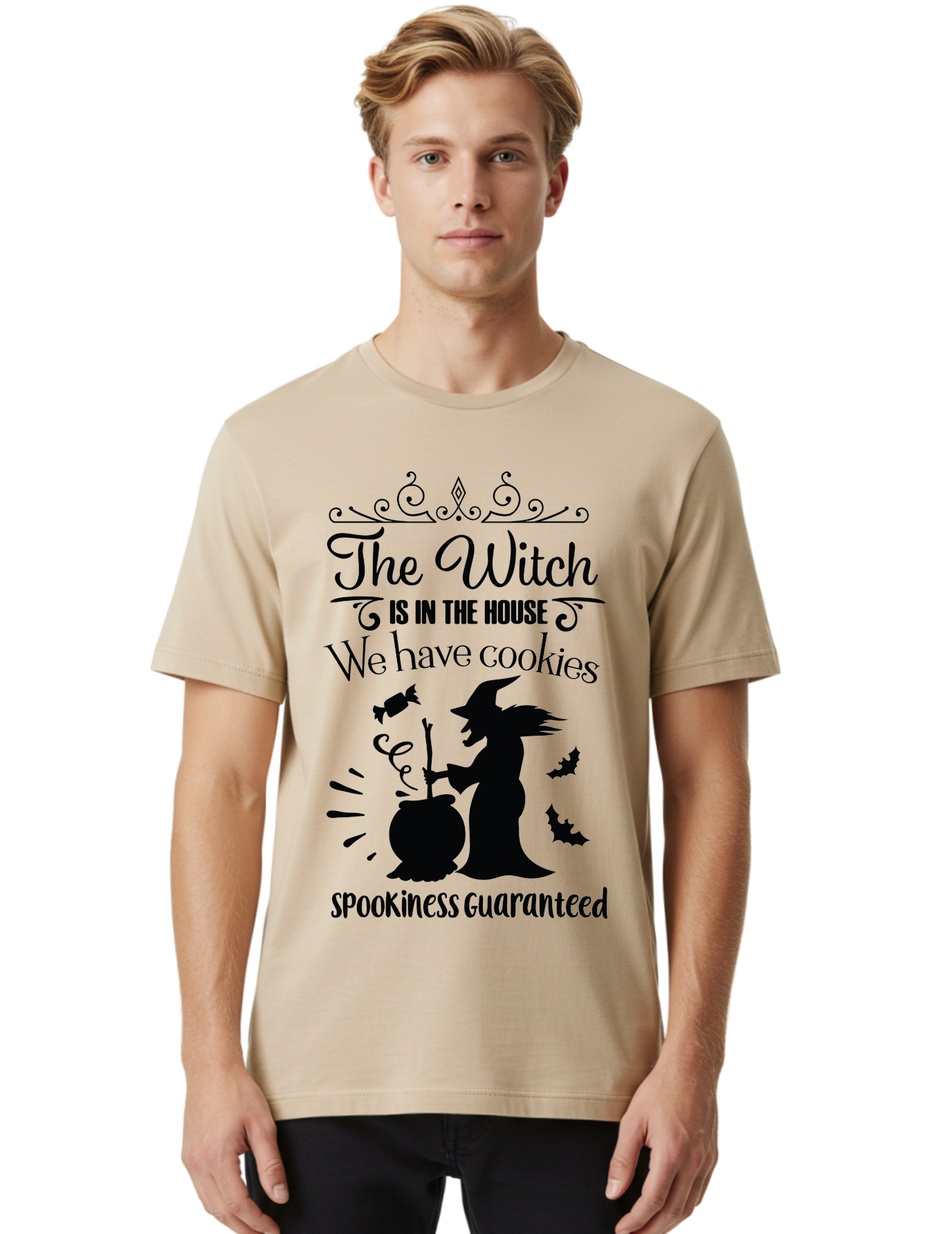 The-Witch-Is-In-The-House-We-Have-Cookies Men'S Graphic Tee, 100% Cotton, Comfortable Casual Summer Wear, Machine Washable, Halloween Witch, Witch Silhouette, Witch'S Cauldron, Halloween Treats, Spooky Decorations, Halloween Cookies, Aad239