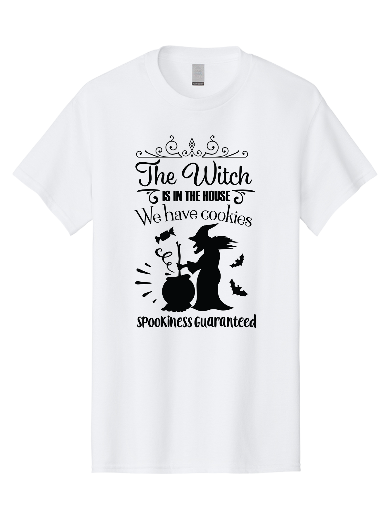 The-Witch-Is-In-The-House-We-Have-Cookies Men'S Graphic Tee, 100% Cotton, Comfortable Casual Summer Wear, Machine Washable, Halloween Witch, Witch Silhouette, Witch'S Cauldron, Halloween Treats, Spooky Decorations, Halloween Cookies, Aad239