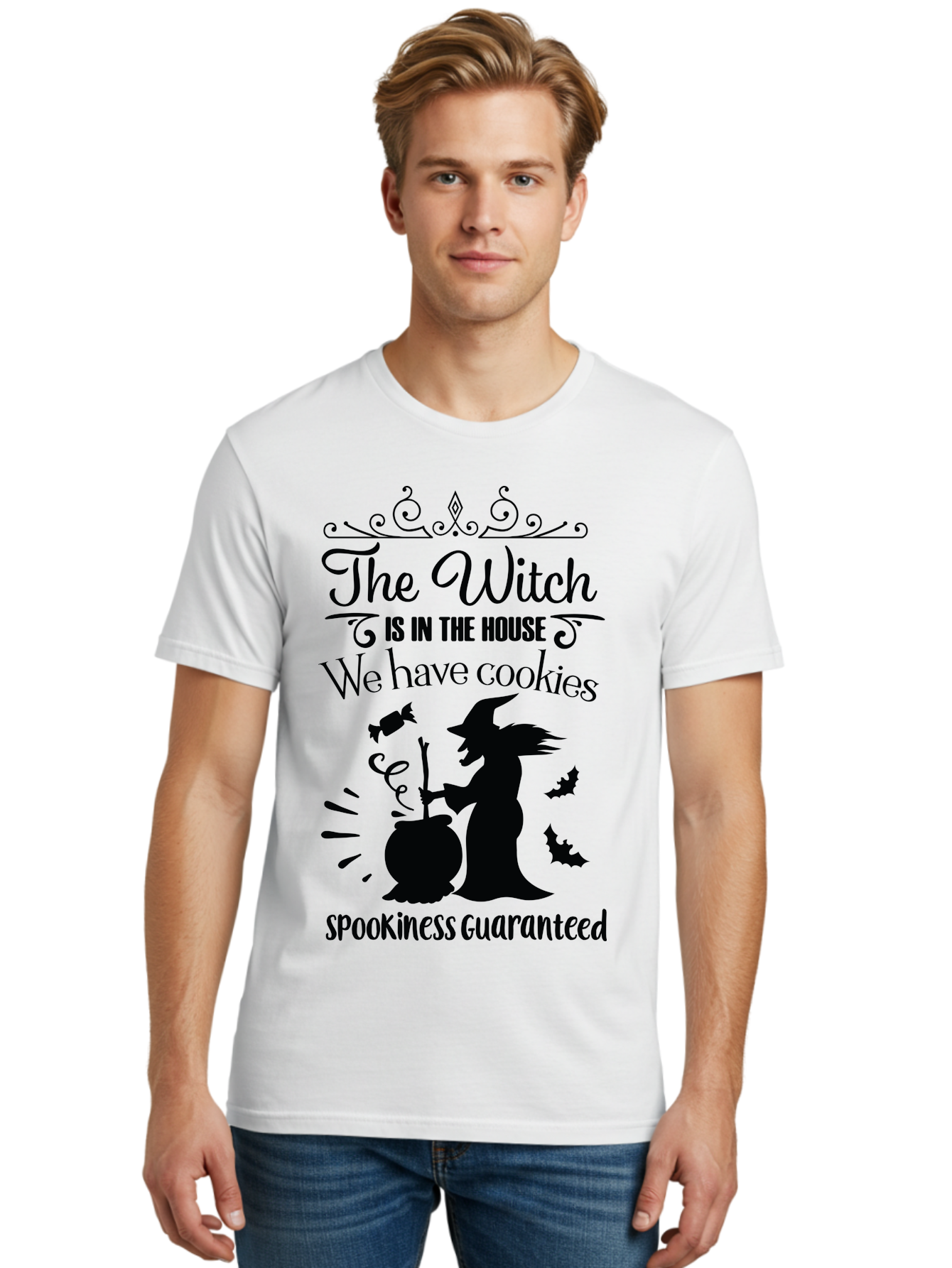 The-Witch-Is-In-The-House-We-Have-Cookies Men'S Graphic Tee, 100% Cotton, Comfortable Casual Summer Wear, Machine Washable, Halloween Witch, Witch Silhouette, Witch'S Cauldron, Halloween Treats, Spooky Decorations, Halloween Cookies, Aad239