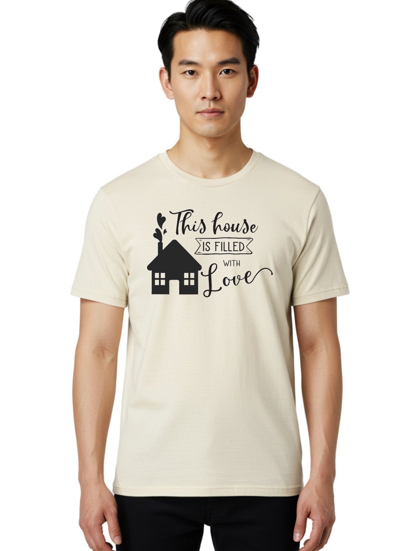 This-House-Is-Filled-With-Love Men'S Graphic Tee, 100% Cotton, Comfortable Casual Summer Wear, Machine Washable, Love-Filled Home, Family Values, Home Sweet Home, Heartwarming Quotes, Cozy Atmosphere, Loving Sentiment, Home Decor Inspiration Aad245