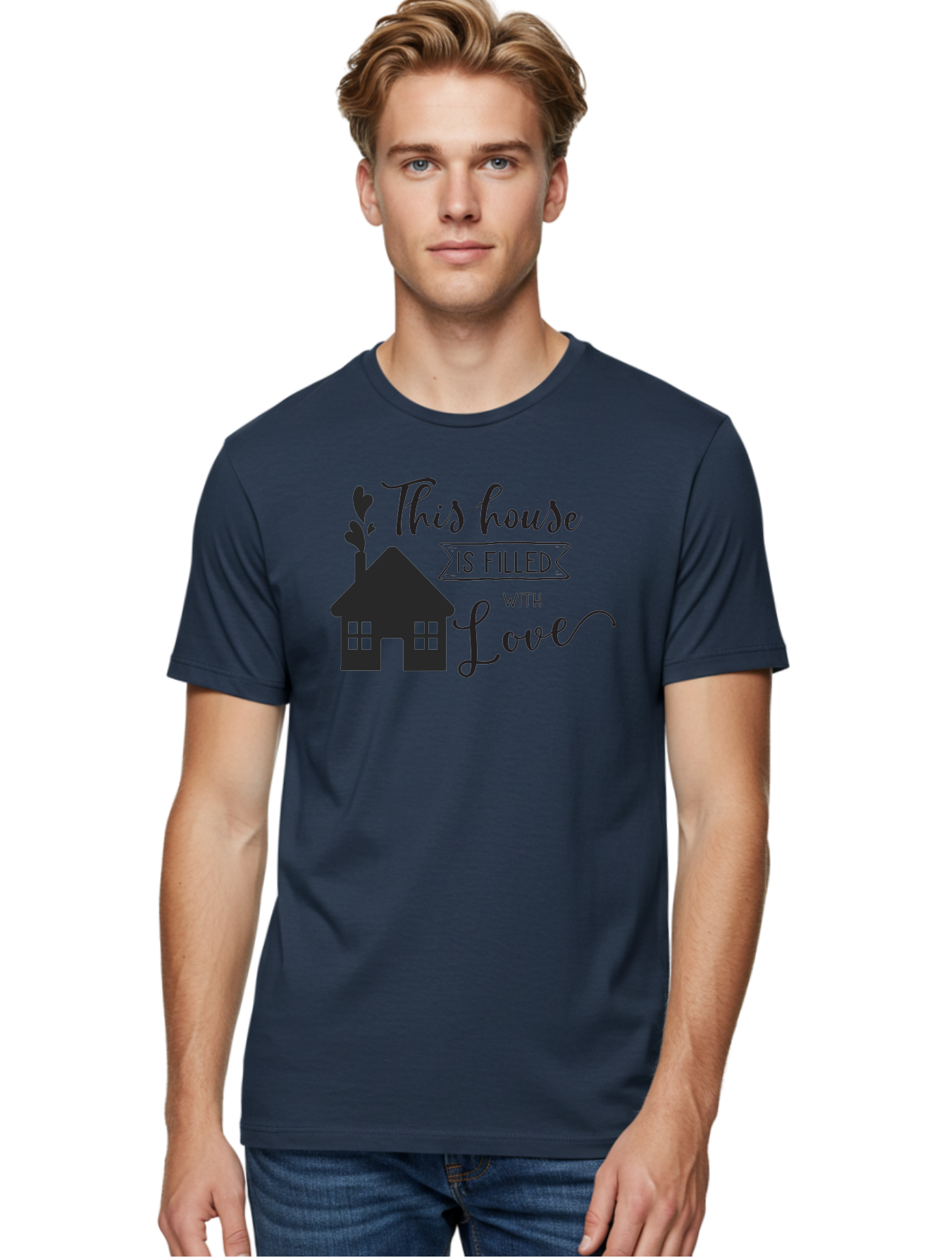 This-House-Is-Filled-With-Love Men'S Graphic Tee, 100% Cotton, Comfortable Casual Summer Wear, Machine Washable, Love-Filled Home, Family Values, Home Sweet Home, Heartwarming Quotes, Cozy Atmosphere, Loving Sentiment, Home Decor Inspiration Aad245