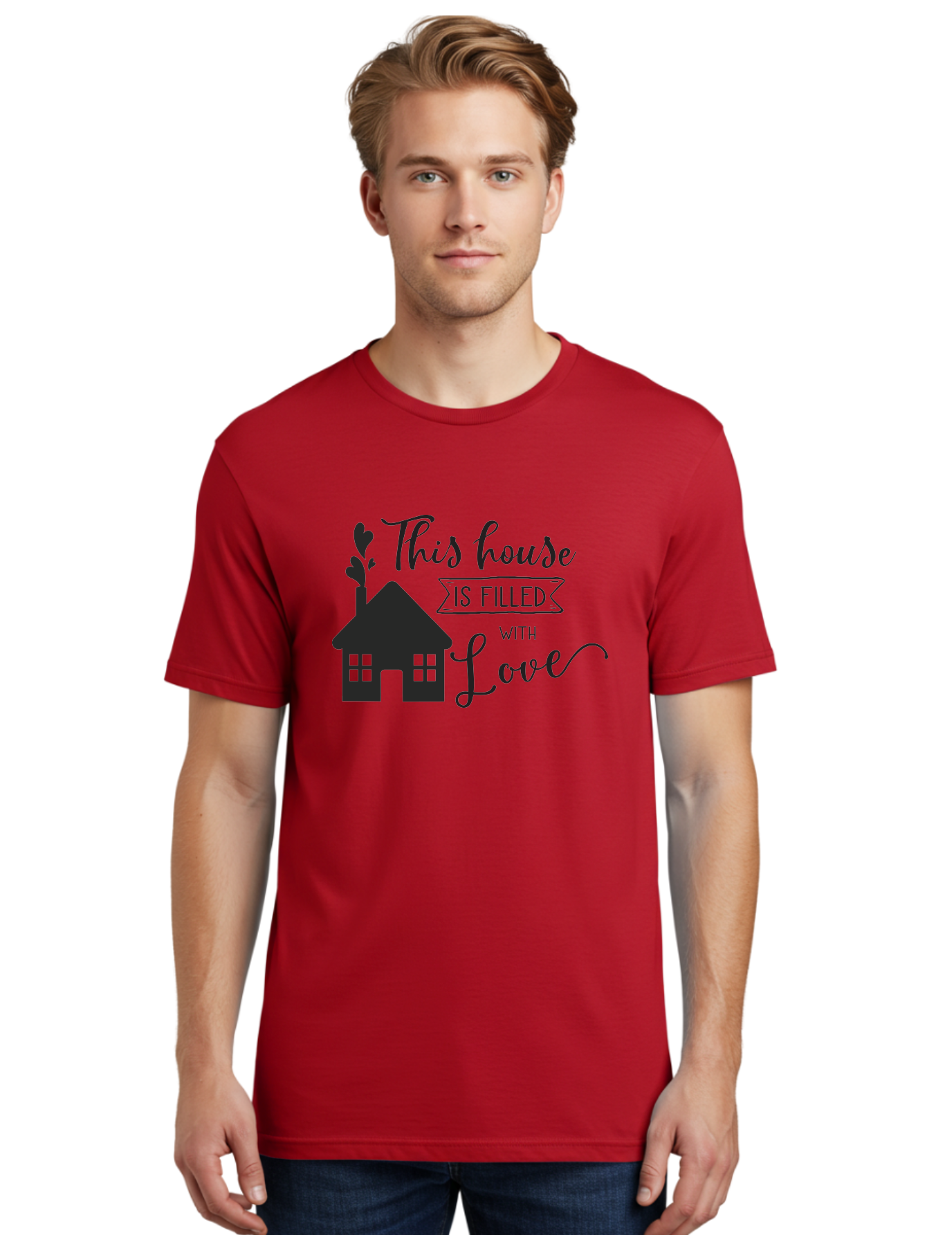 This-House-Is-Filled-With-Love Men'S Graphic Tee, 100% Cotton, Comfortable Casual Summer Wear, Machine Washable, Love-Filled Home, Family Values, Home Sweet Home, Heartwarming Quotes, Cozy Atmosphere, Loving Sentiment, Home Decor Inspiration Aad245