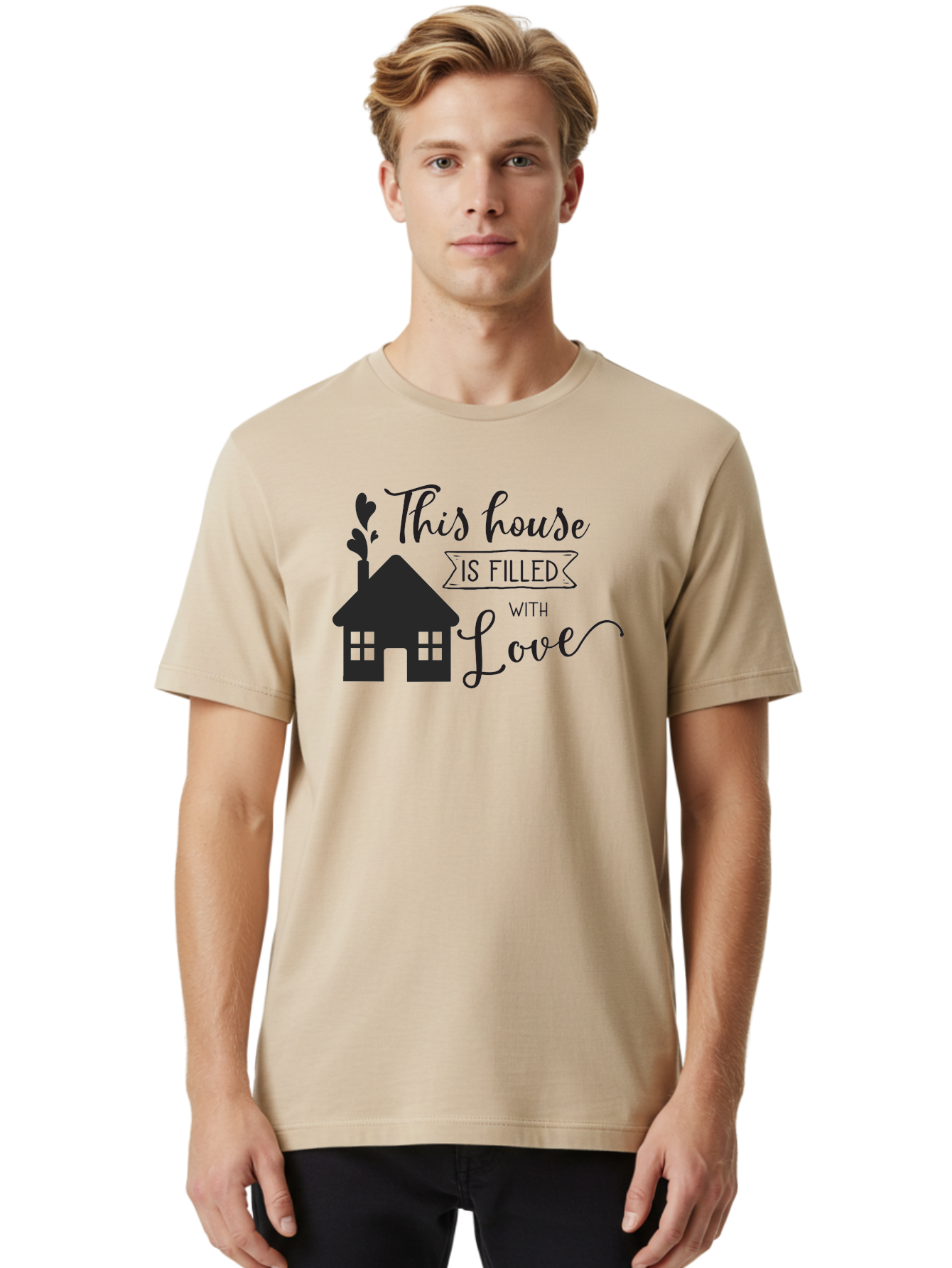 This-House-Is-Filled-With-Love Men'S Graphic Tee, 100% Cotton, Comfortable Casual Summer Wear, Machine Washable, Love-Filled Home, Family Values, Home Sweet Home, Heartwarming Quotes, Cozy Atmosphere, Loving Sentiment, Home Decor Inspiration Aad245