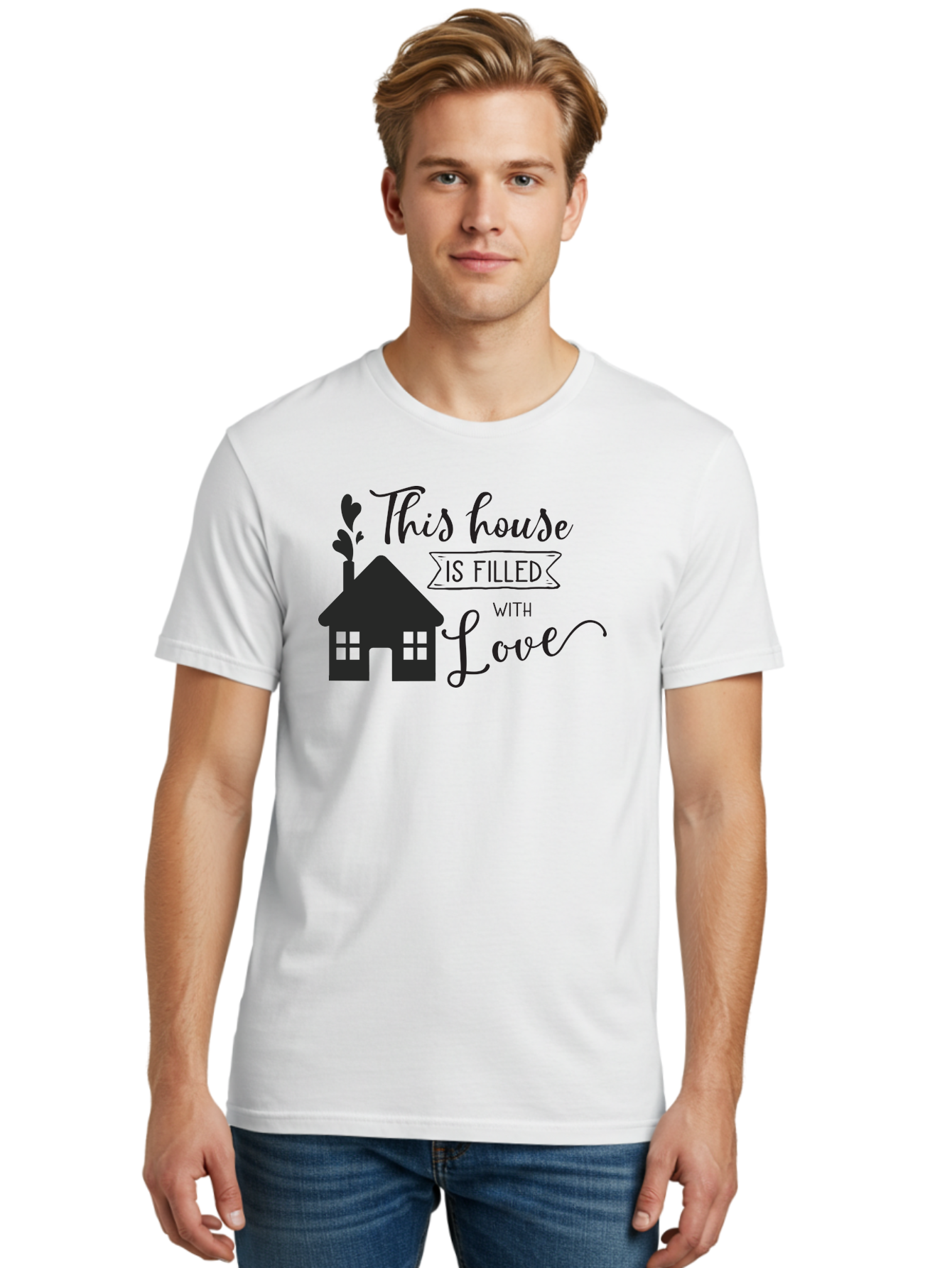 This-House-Is-Filled-With-Love Men'S Graphic Tee, 100% Cotton, Comfortable Casual Summer Wear, Machine Washable, Love-Filled Home, Family Values, Home Sweet Home, Heartwarming Quotes, Cozy Atmosphere, Loving Sentiment, Home Decor Inspiration Aad245