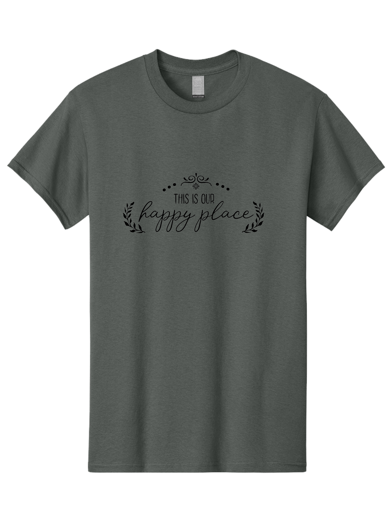 This-Is-Our-Happy-Place Men'S Graphic Tee, 100% Cotton, Comfortable Casual Summer Wear, Machine Washable, Happy Place, Positive Vibes, Inspiring Quote, Motivational Words, Floral Wreath, Decorative Design, Harmony, Happiness, Aad248