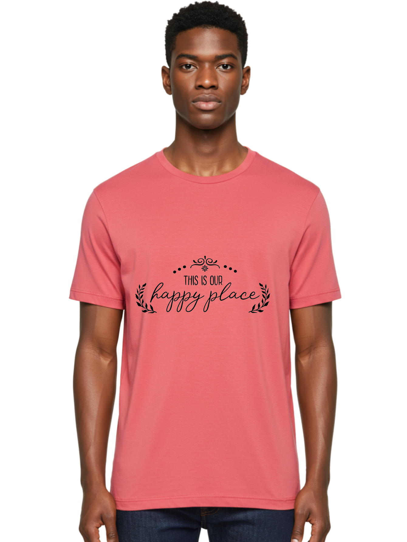 This-Is-Our-Happy-Place Men'S Graphic Tee, 100% Cotton, Comfortable Casual Summer Wear, Machine Washable, Happy Place, Positive Vibes, Inspiring Quote, Motivational Words, Floral Wreath, Decorative Design, Harmony, Happiness, Aad248
