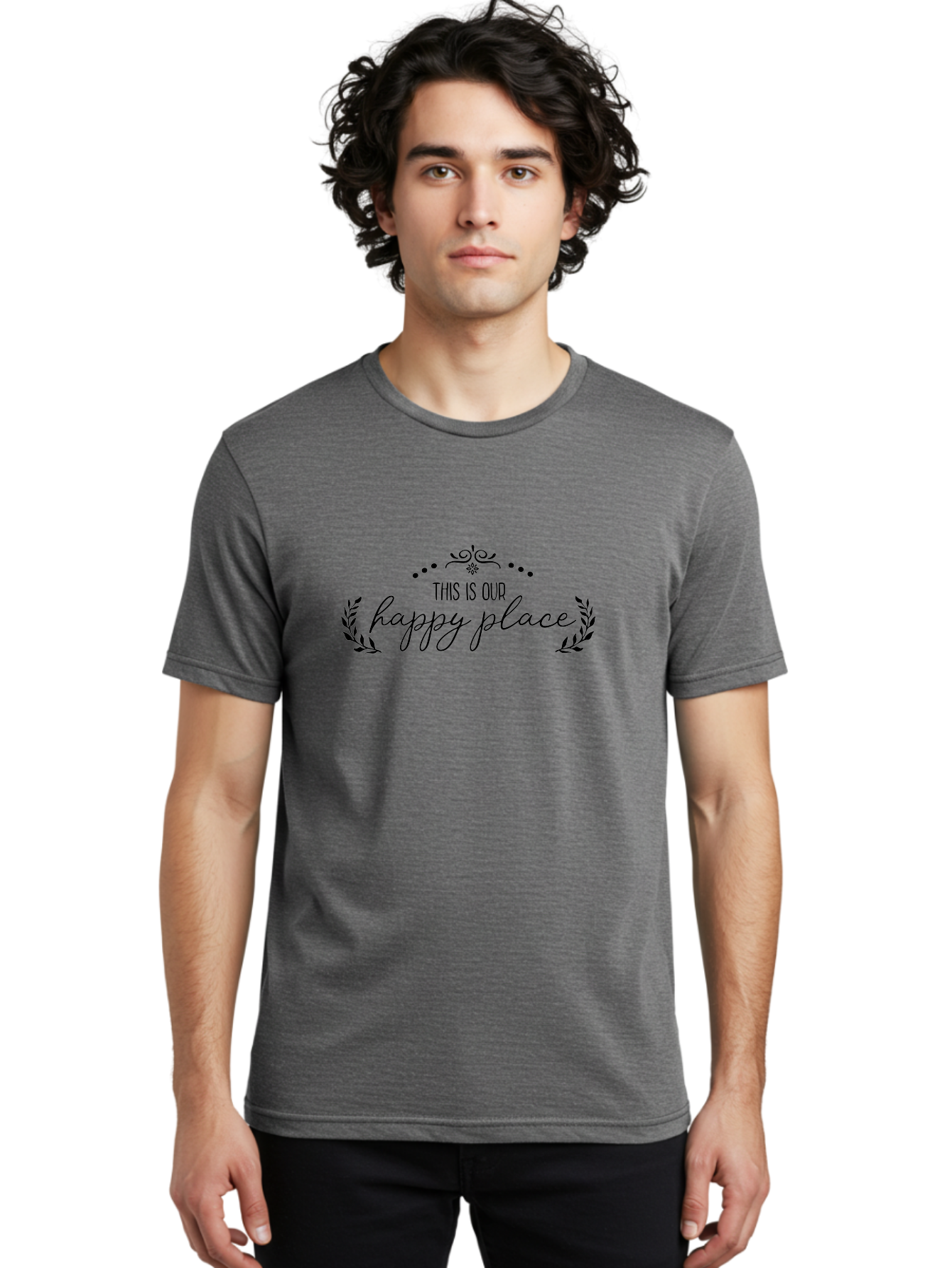 This-Is-Our-Happy-Place Men'S Graphic Tee, 100% Cotton, Comfortable Casual Summer Wear, Machine Washable, Happy Place, Positive Vibes, Inspiring Quote, Motivational Words, Floral Wreath, Decorative Design, Harmony, Happiness, Aad248