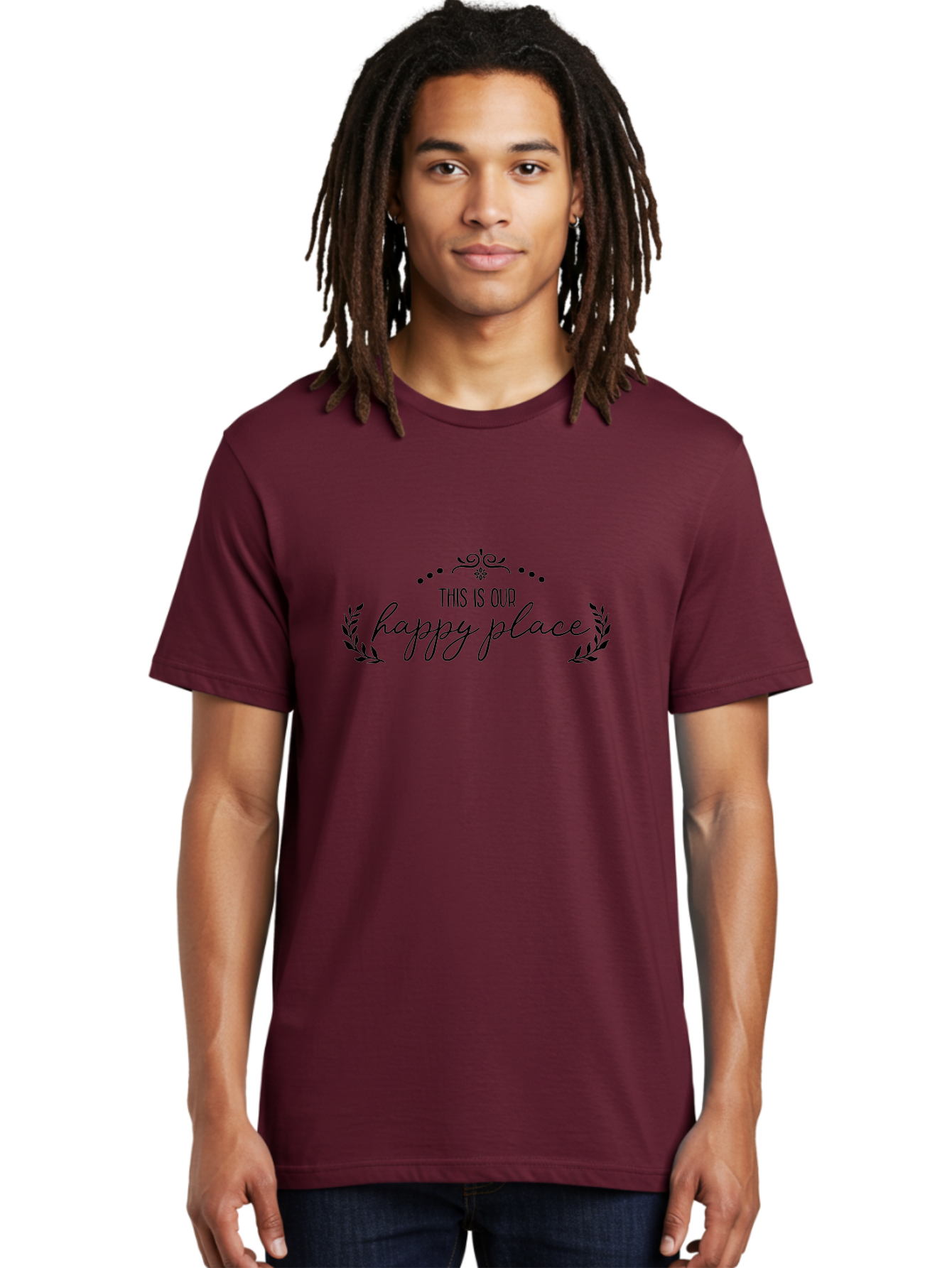 This-Is-Our-Happy-Place Men'S Graphic Tee, 100% Cotton, Comfortable Casual Summer Wear, Machine Washable, Happy Place, Positive Vibes, Inspiring Quote, Motivational Words, Floral Wreath, Decorative Design, Harmony, Happiness, Aad248