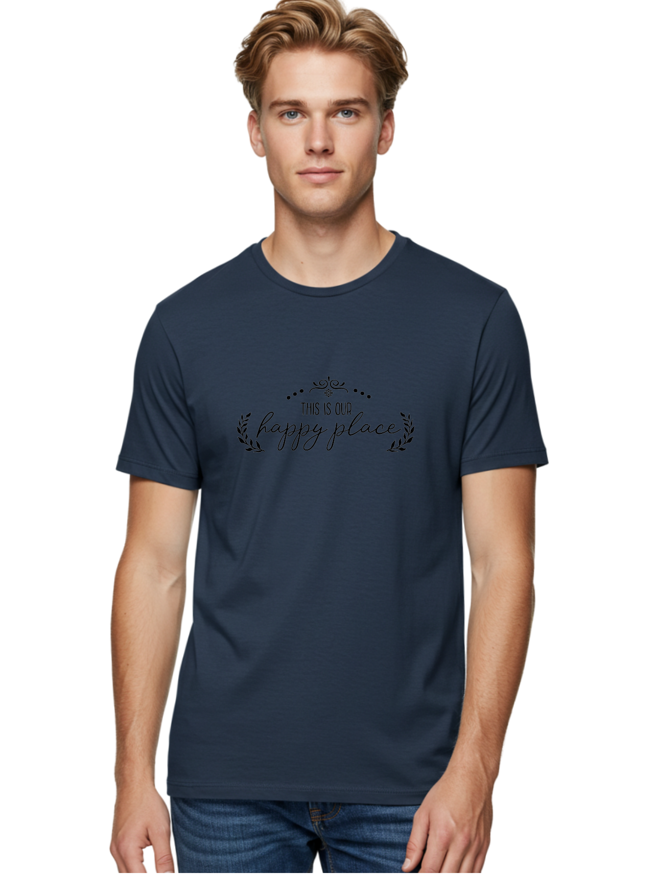 This-Is-Our-Happy-Place Men'S Graphic Tee, 100% Cotton, Comfortable Casual Summer Wear, Machine Washable, Happy Place, Positive Vibes, Inspiring Quote, Motivational Words, Floral Wreath, Decorative Design, Harmony, Happiness, Aad248