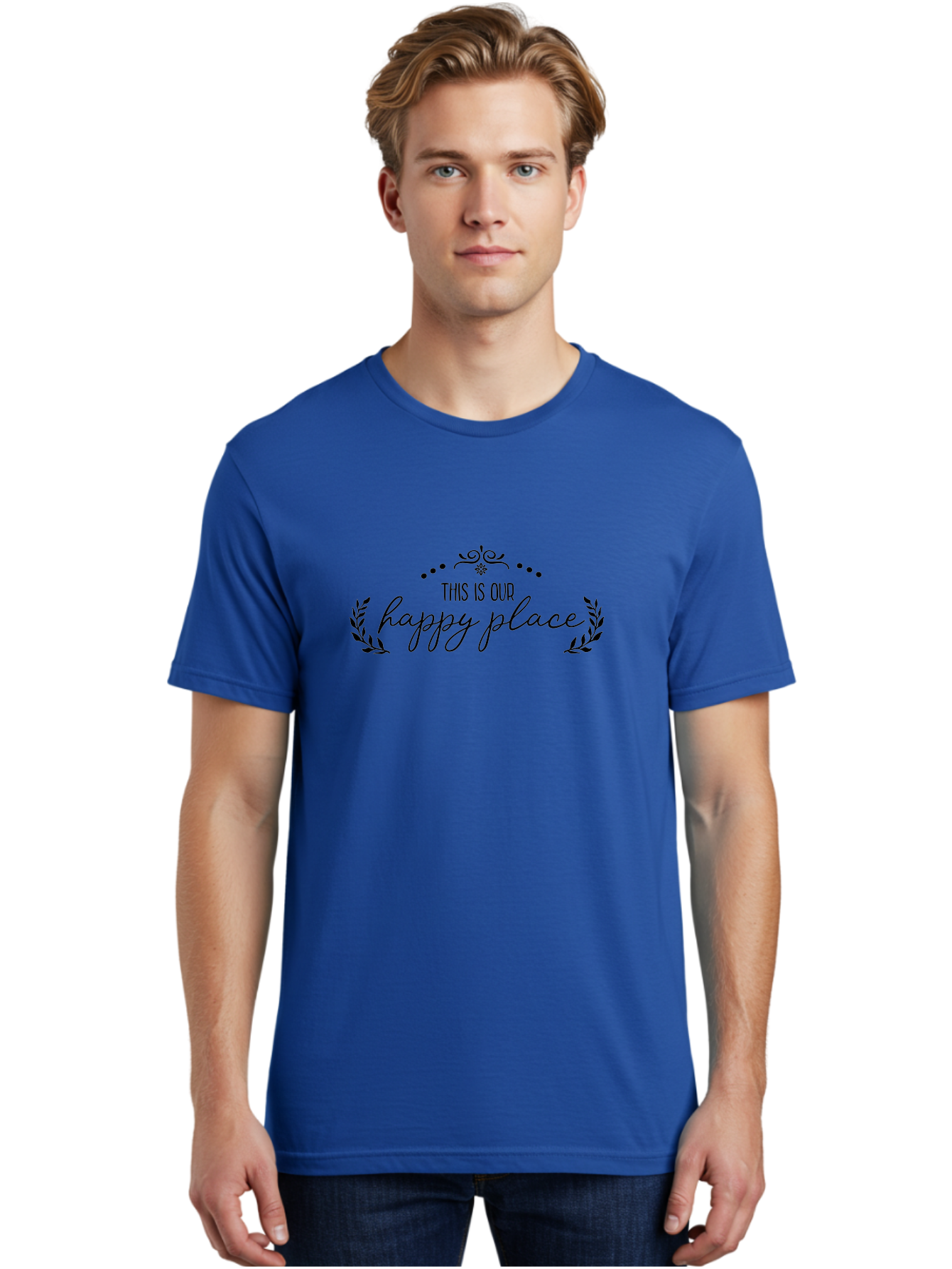 This-Is-Our-Happy-Place Men'S Graphic Tee, 100% Cotton, Comfortable Casual Summer Wear, Machine Washable, Happy Place, Positive Vibes, Inspiring Quote, Motivational Words, Floral Wreath, Decorative Design, Harmony, Happiness, Aad248